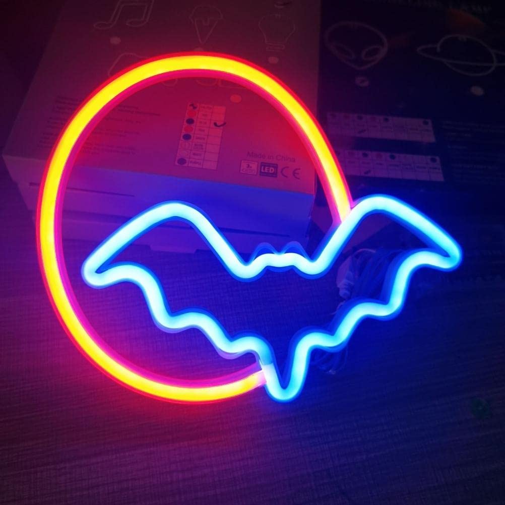 OHEPFD Halloween Bat Neon Sign - Moon & Bat LED Light, USB/Battery Powered Wall Decor for Home, Room, Bar, Party - Perfect Gift for Kids & Halloween Lovers | Spooky Ambiance for Halloween Parties, Bedroom, Game Room & Themed Events