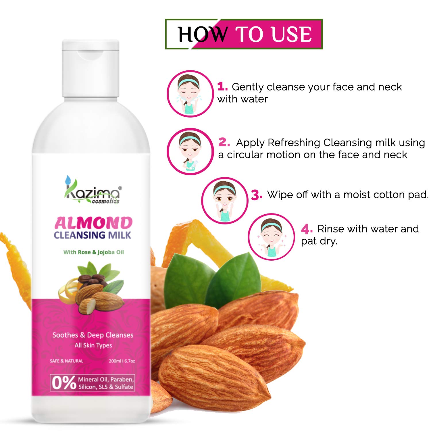 KAZIMA Almond Cleansing Milk with Rose & Jojoba Oil - Deep Cleansing & Pore Detoxifying Face Wash | 200ml | Gentle Makeup Remover for Dry & Sensitive Skin | Perfect for Daily Skincare Routine & Nighttime Cleansing