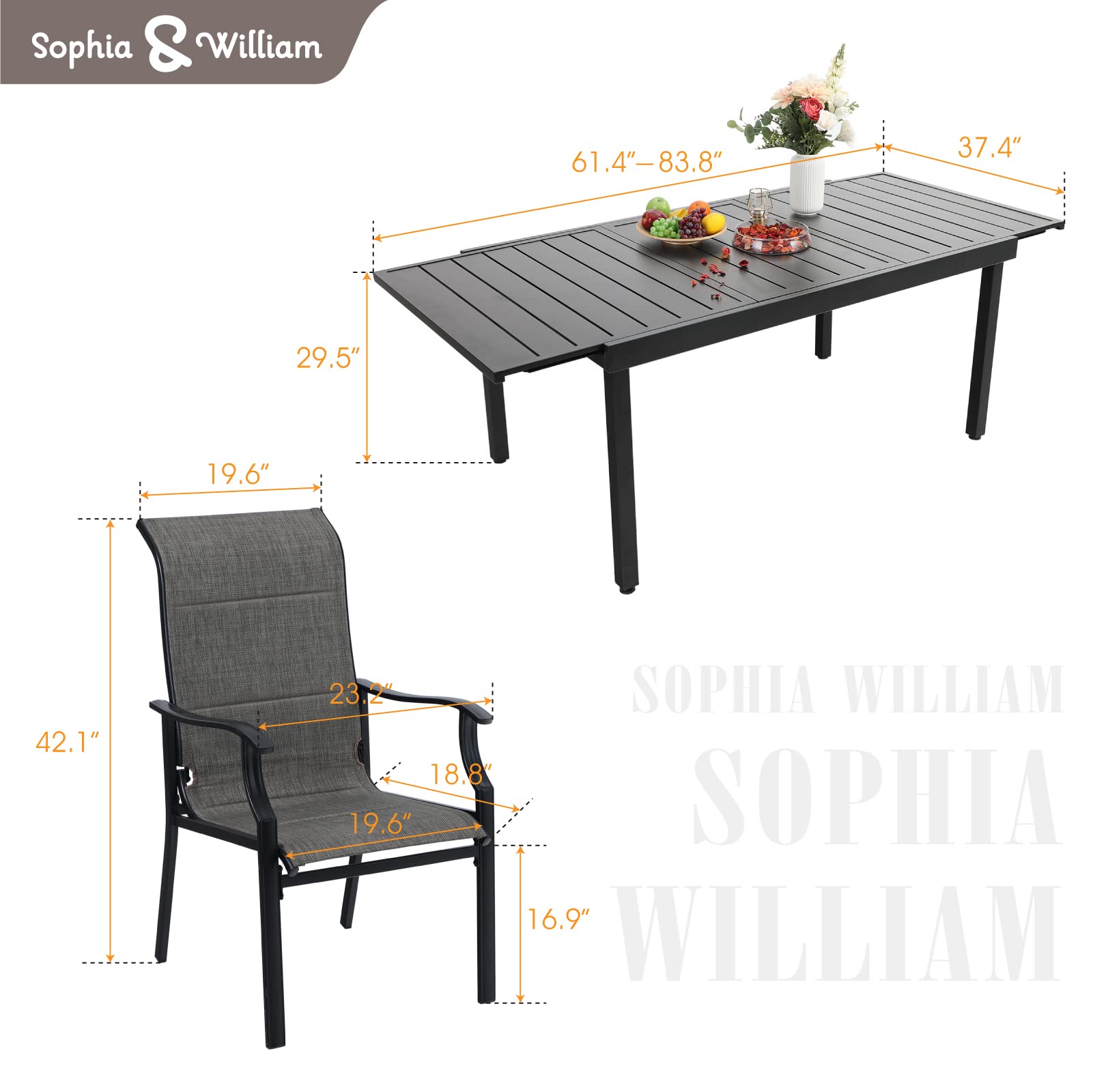 Sophia & William 8-Piece Expandable Patio Dining Set with High Back Chairs - 350lb Capacity Quick-Dry Textilene - Outdoor & Indoor Use for Backyard, Garden, Poolside, and Restaurant Dining