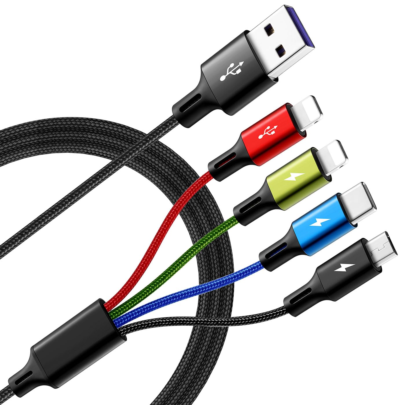 2-Pack 6Ft 4-in-1 Braided Fast Charging Cable - USB C/Micro USB/Lightning Adapter Compatible with iPhone, Samsung Galaxy, Tablets, PS5 - Perfect for Home, Office & Travel Charging Needs