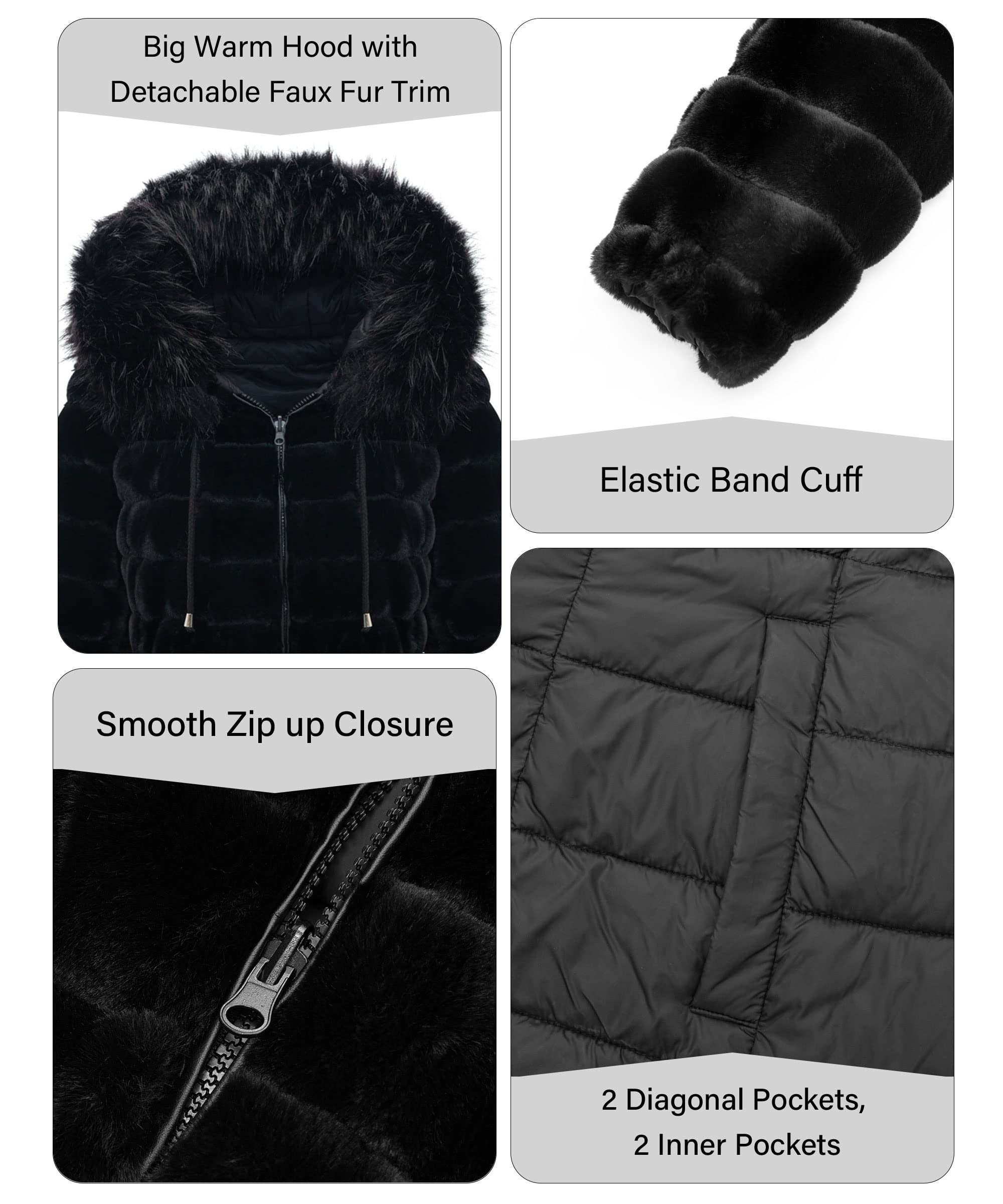 Bellivera Women's Reversible Faux Fur Jacket - Double Sided Winter & Spring Hooded Puffer Coat with Detachable Fur Collar | Warm Fashion Outerwear for Casual Outings & Cold Weather