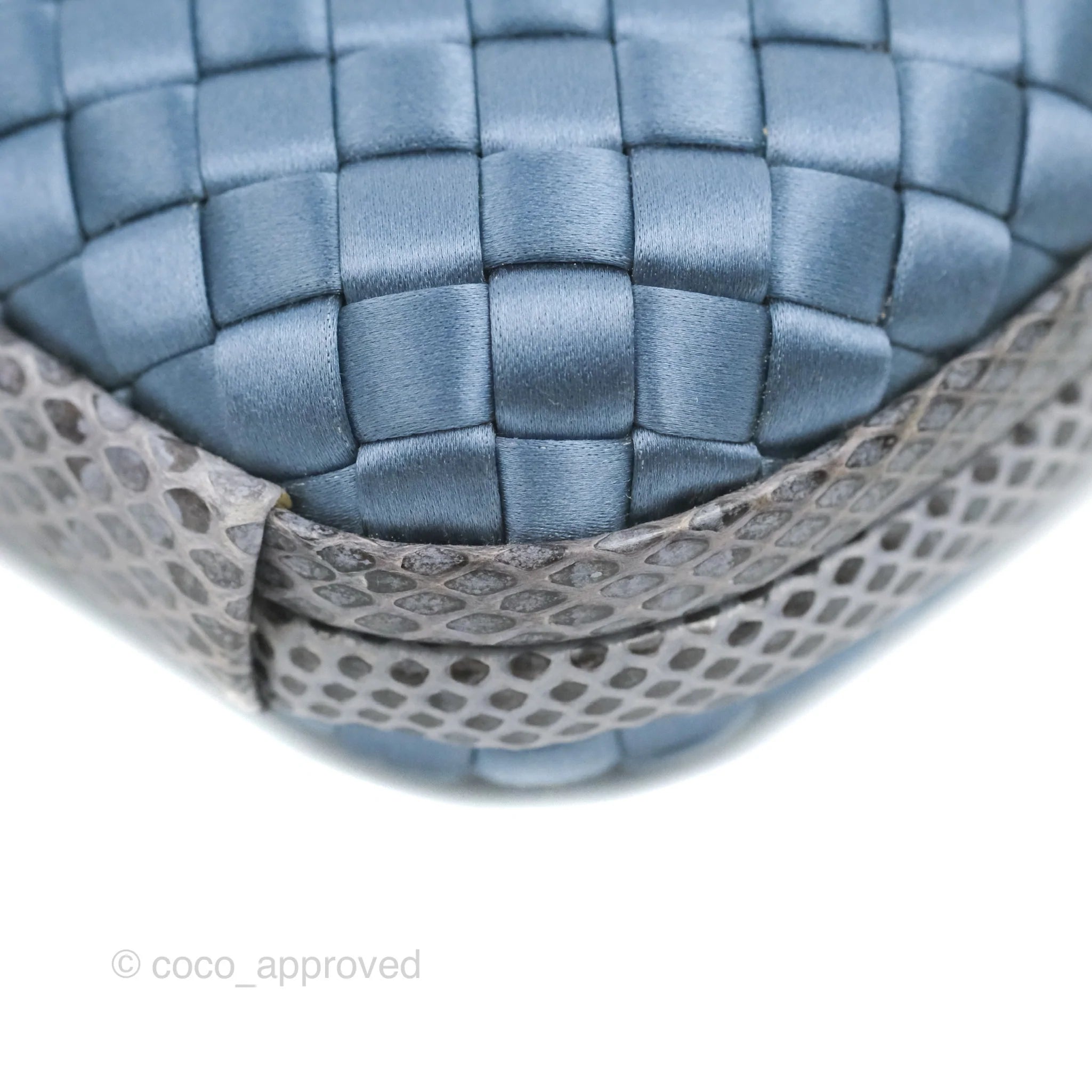 Bottega Veneta Ayers Satin Intreccio Stretch Knot Clutch Bag in Navy Blue | Luxury Evening Clutch for Women | Perfect for Parties, Weddings & Special Occasions