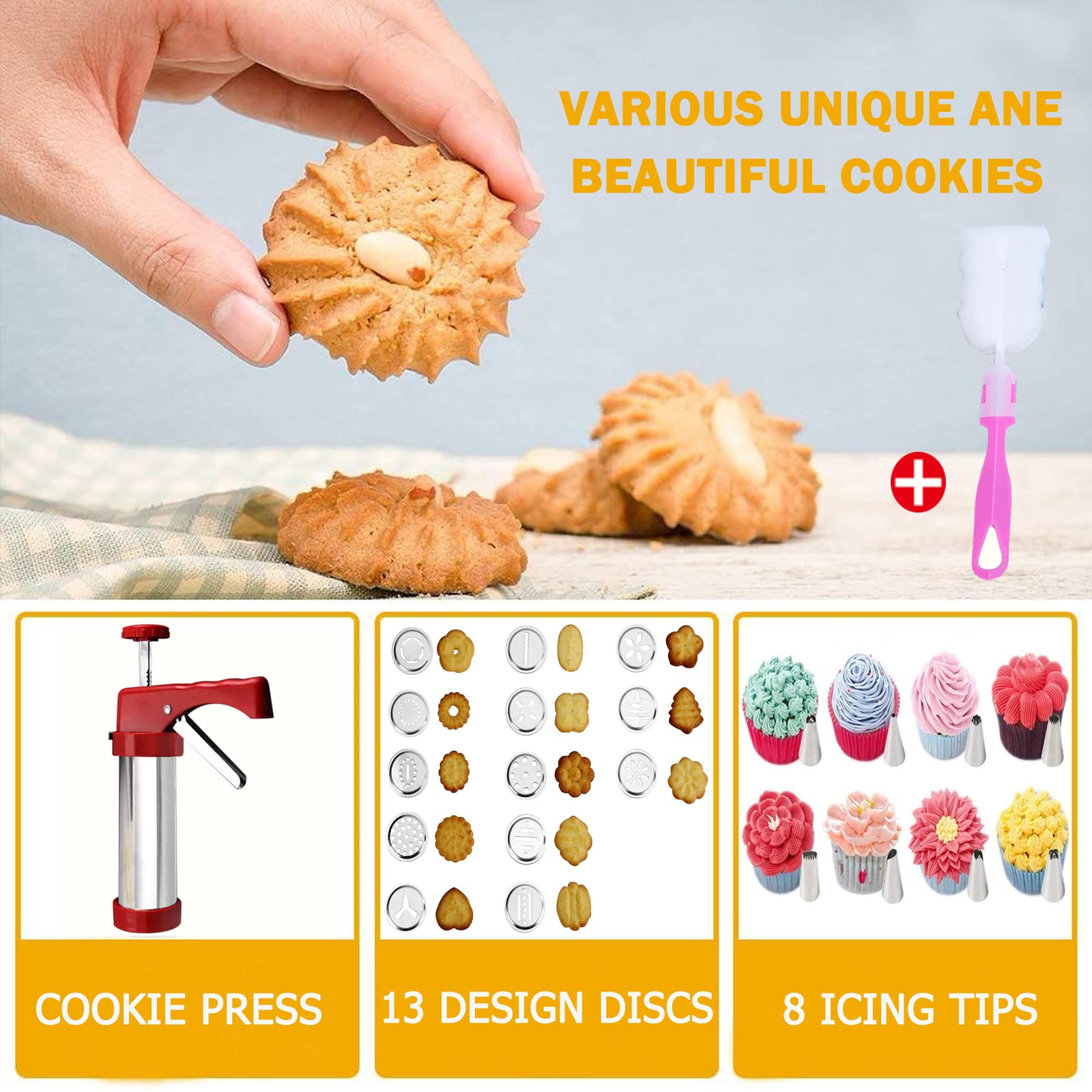 Stainless Steel Cookie Press Gun - 13 Decorative Stencil Discs & 8 Icing Tips for Baking Spritz Cookies | Deluxe Cookie Maker (8.7 Inch) - Perfect for Holiday Baking, Party Treats & Homemade Desserts