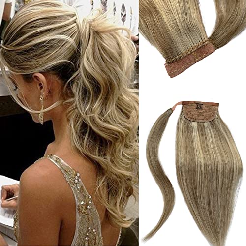18 Inch Blonde Ponytail Hair Extensions - 80g Human Hair Clip-in with Full Ends, Straight Light Blonde & Golden Highlights | Perfect for Women's Daily Styling, Parties, Weddings & Special Occasions