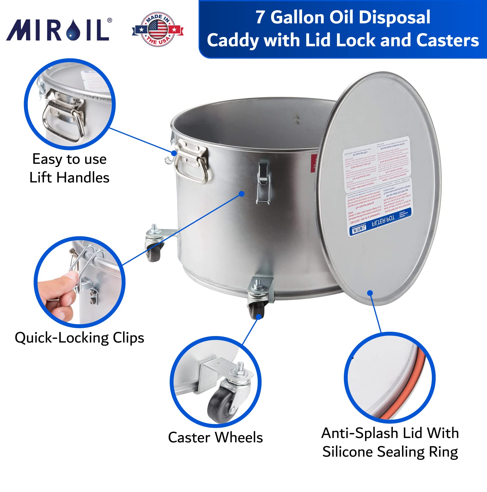MirOil 7 Gallon Oil Disposal Caddy with Caster Wheels - 55lb Frying Oil Storage Container with Locking Lid & Clips - Heavy Duty Grease Bucket for Hot Cooking Oil Disposal - Ideal for Restaurants, Food Trucks & Home Kitchens
