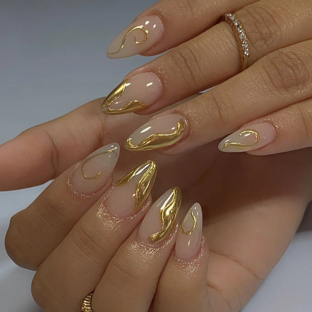 24Pcs Short Pink Fake Nails with French Gradient Design - Almond Shaped Press on Nails with Golden Stripe Detachable Tips for Women | Perfect for Parties, Weddings, and Daily Wear