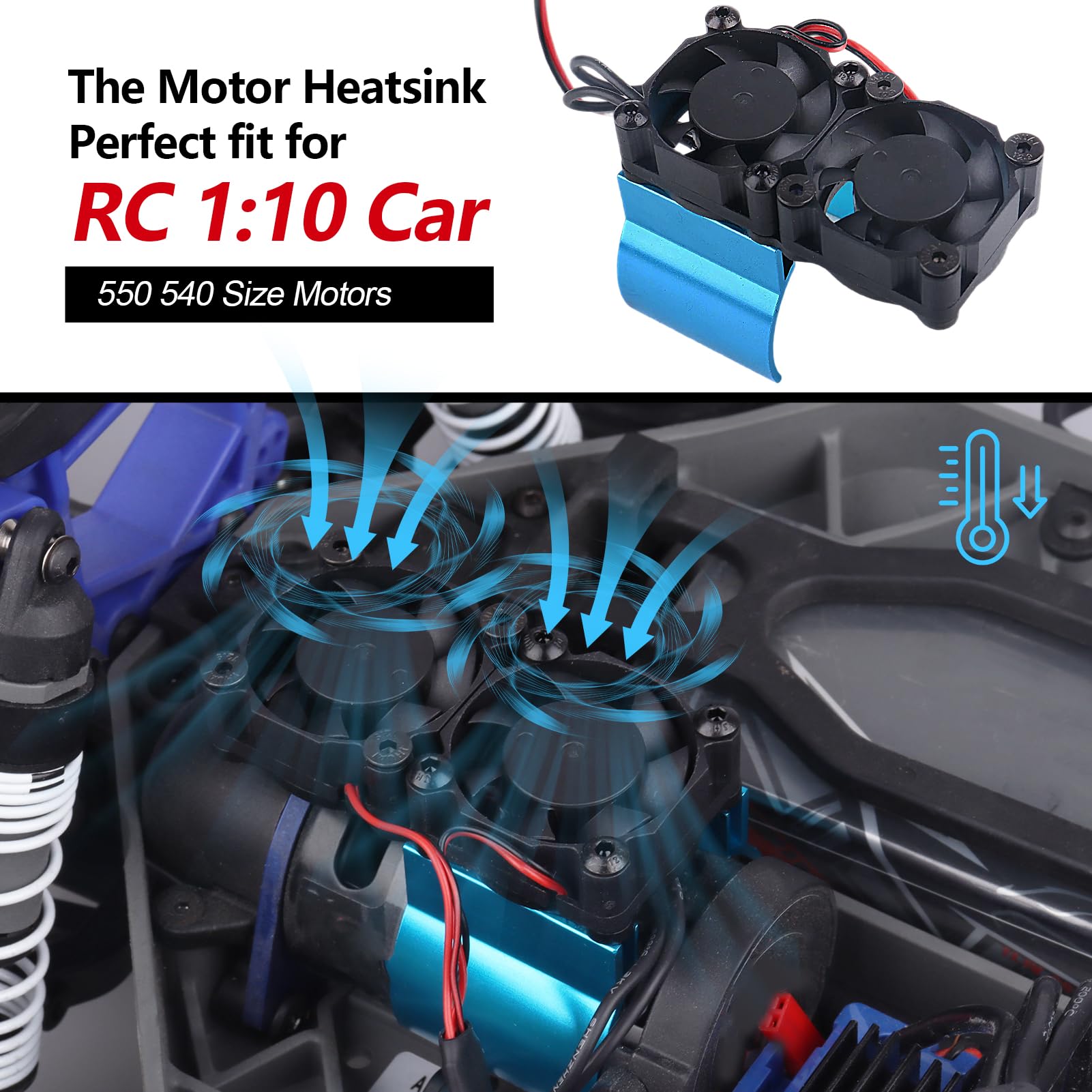 High Performance Aluminum RC Motor Heat Sink with Dual Turbo Cooling Fans - Compatible with 540/550 Motors (Traxxas, Redcat, HSP, HPI, WLtoys, Himoto, Tamiya) - Blue - Perfect for Off-Road RC Cars, Drift Racing & High-Speed RC Models