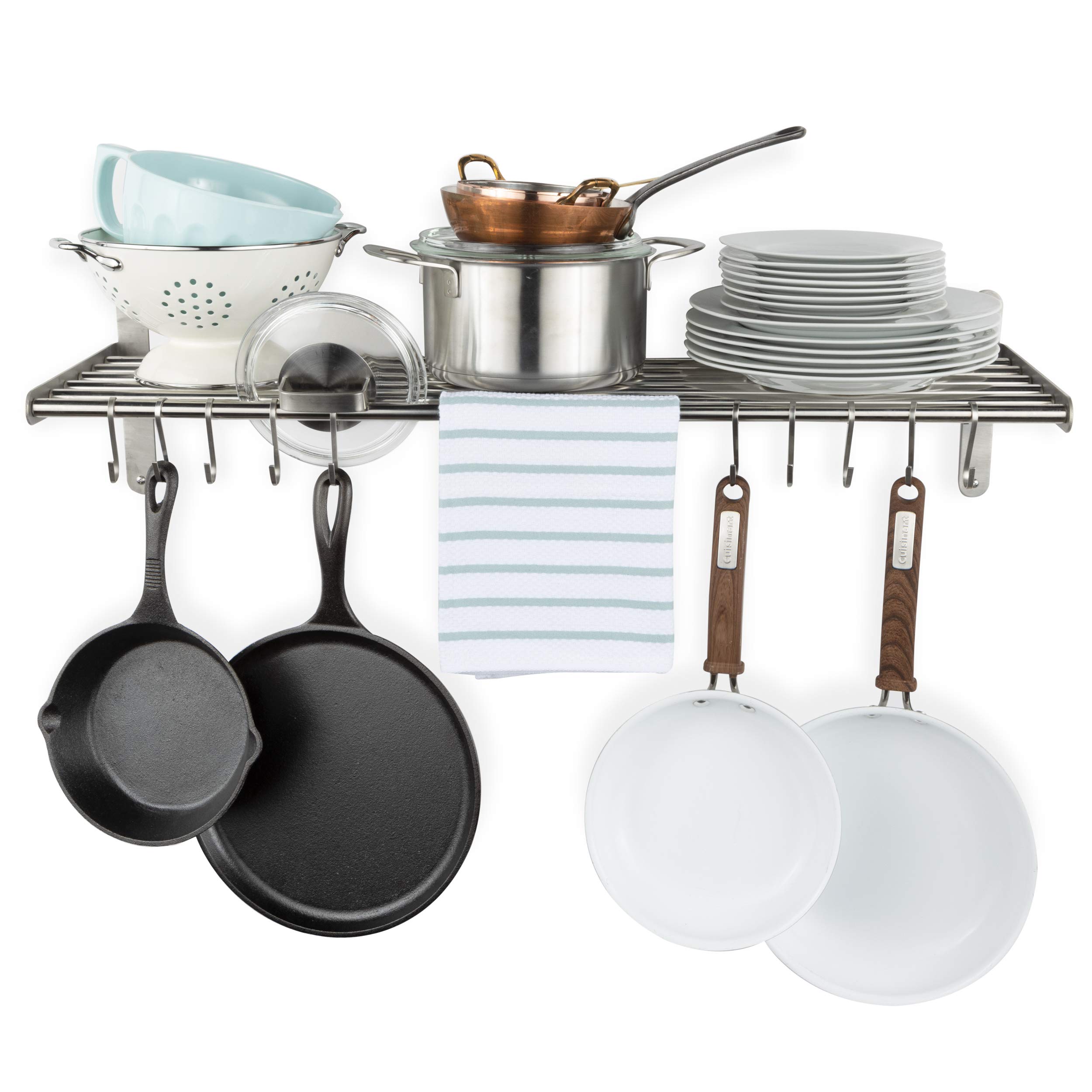 Wallniture Lyon Stainless Steel Wall Mounted Kitchen Shelf with 10 S-Hooks - Pot Rack Organizer for Cookware Storage - Space Saving Solution for Small Kitchens & Pantries (Chrome Finish) - Perfect for Hanging Pots, Pans, Utensils & Kitchen Accessories
