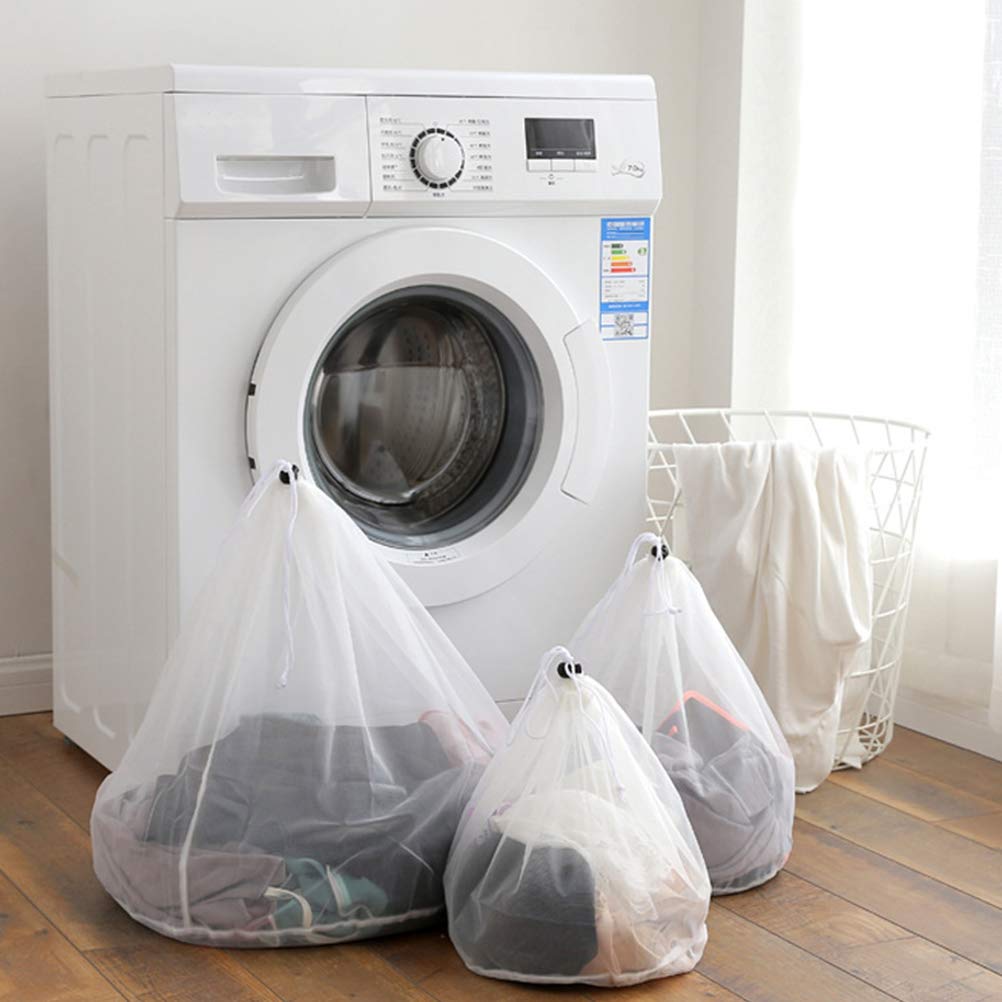 Cabilock 2-Pack Laundry Bags with Drawstring - Mesh Wash Bags for Clothes, Sponge Mops & Floor Cleaning - Reusable Toiletry & Cleaning Storage Bags (White) - Perfect for Travel, Gym & Home Organization