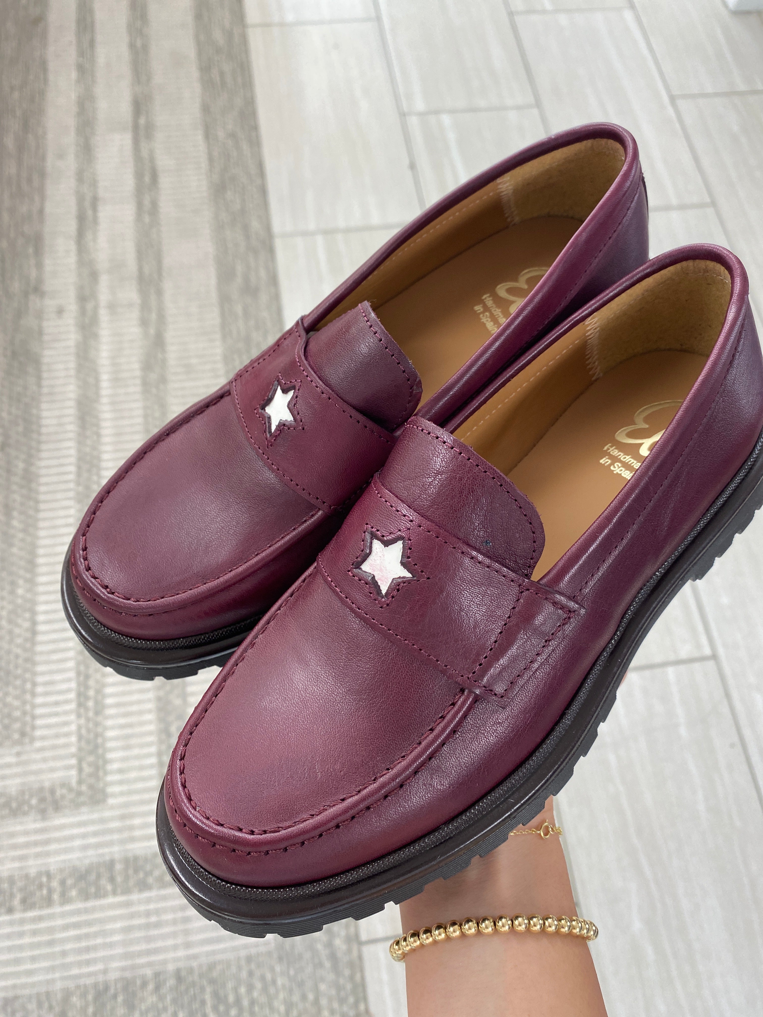 Burgundy Star Chunky Loafers for Women - Comfortable Slip-On Shoes with Non-Slip Sole | Perfect for Office, Casual Wear & Travel