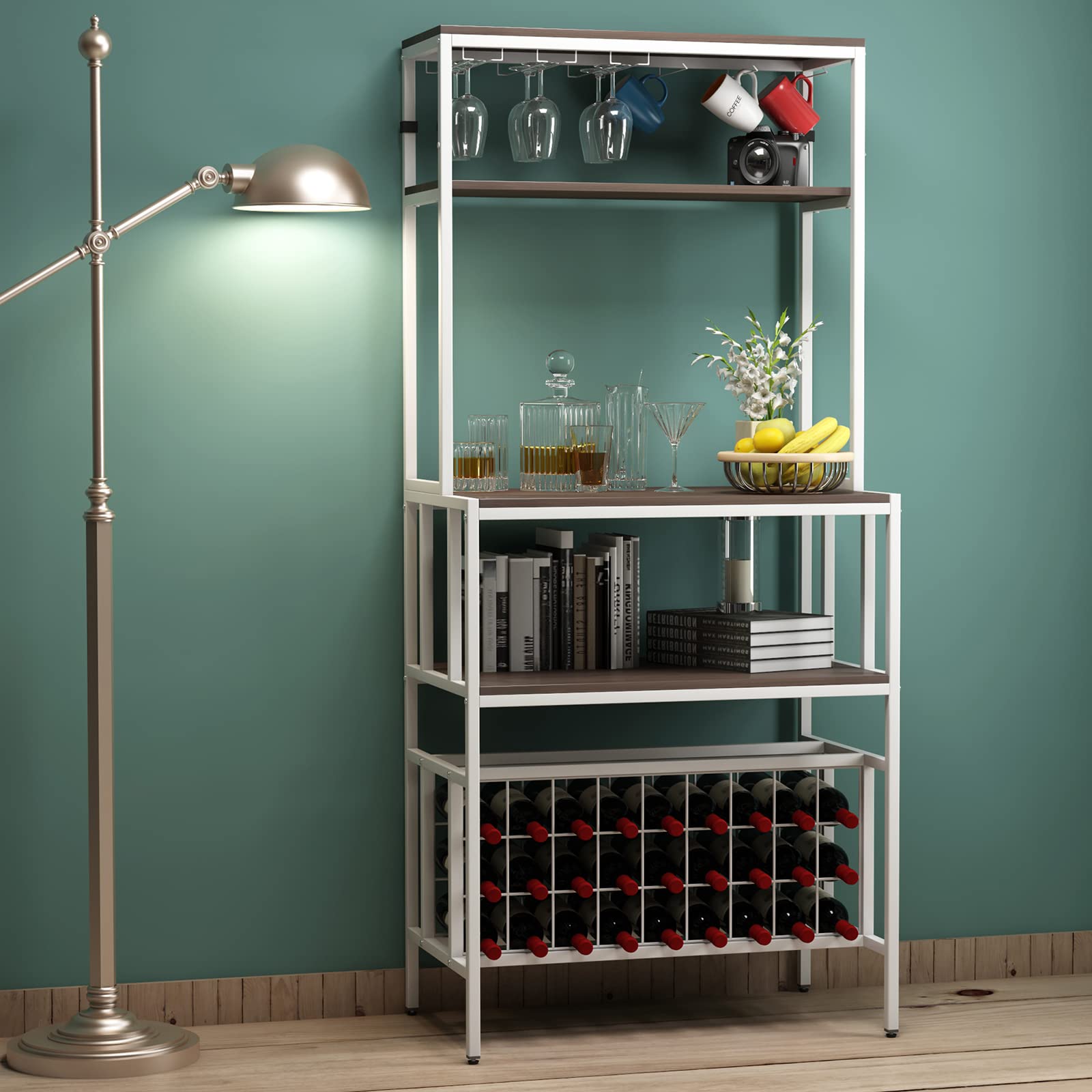 5-Tier Freestanding Wine Rack with Glass Holder - White Wine Storage Cabinet for Kitchen, Dining Room & Bar | Multifunctional Home Bar Furniture for Wine Bottles & Kitchen Organization