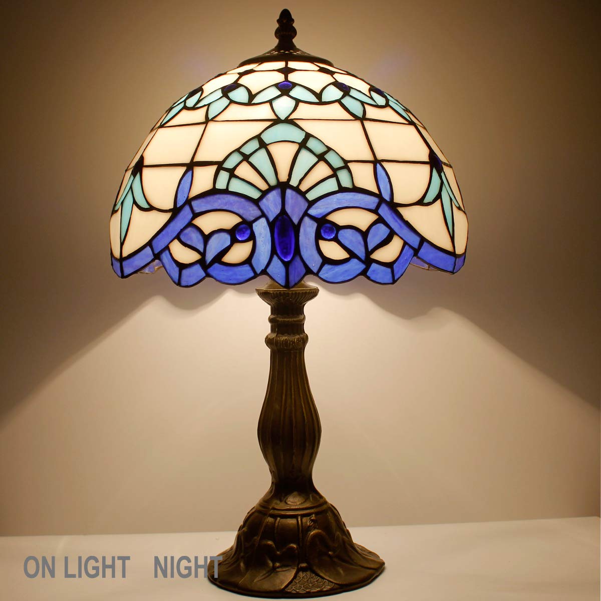 Tiffany Style Table Lamp - Navy Blue Baroque Stained Glass Desk & Bedside Light, 12x12x18 Inches, Perfect for Bedroom, Living Room & Home Office Decor - WERFACTORY S003B Series - Ideal for Reading, Relaxation & Romantic Ambiance Lighting
