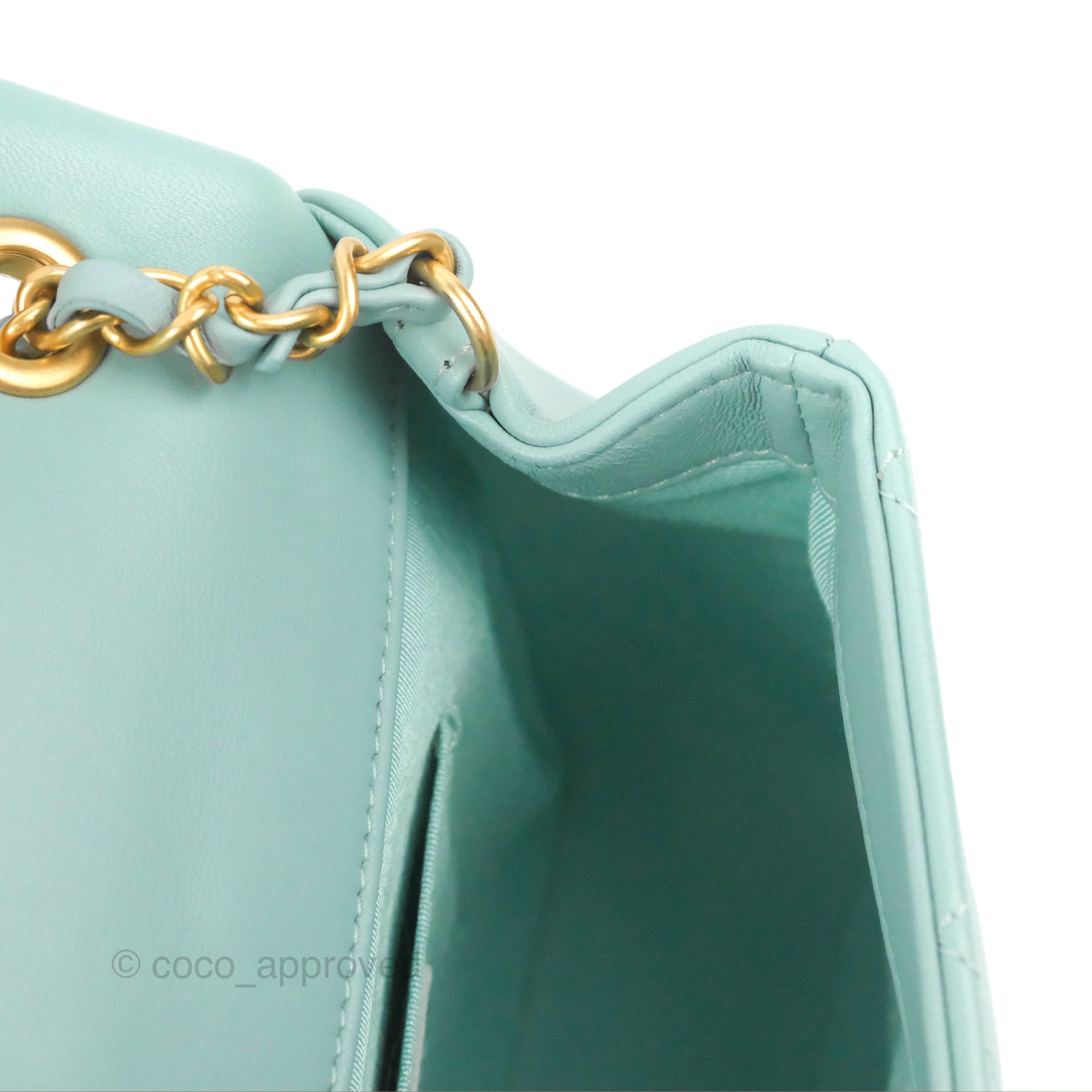 Chanel Tiffany Blue Lambskin Circular Handle Square Flap Bag with Aged Gold Hardware - Luxury Crossbody Bag for Women, Perfect for Parties & Evening Events