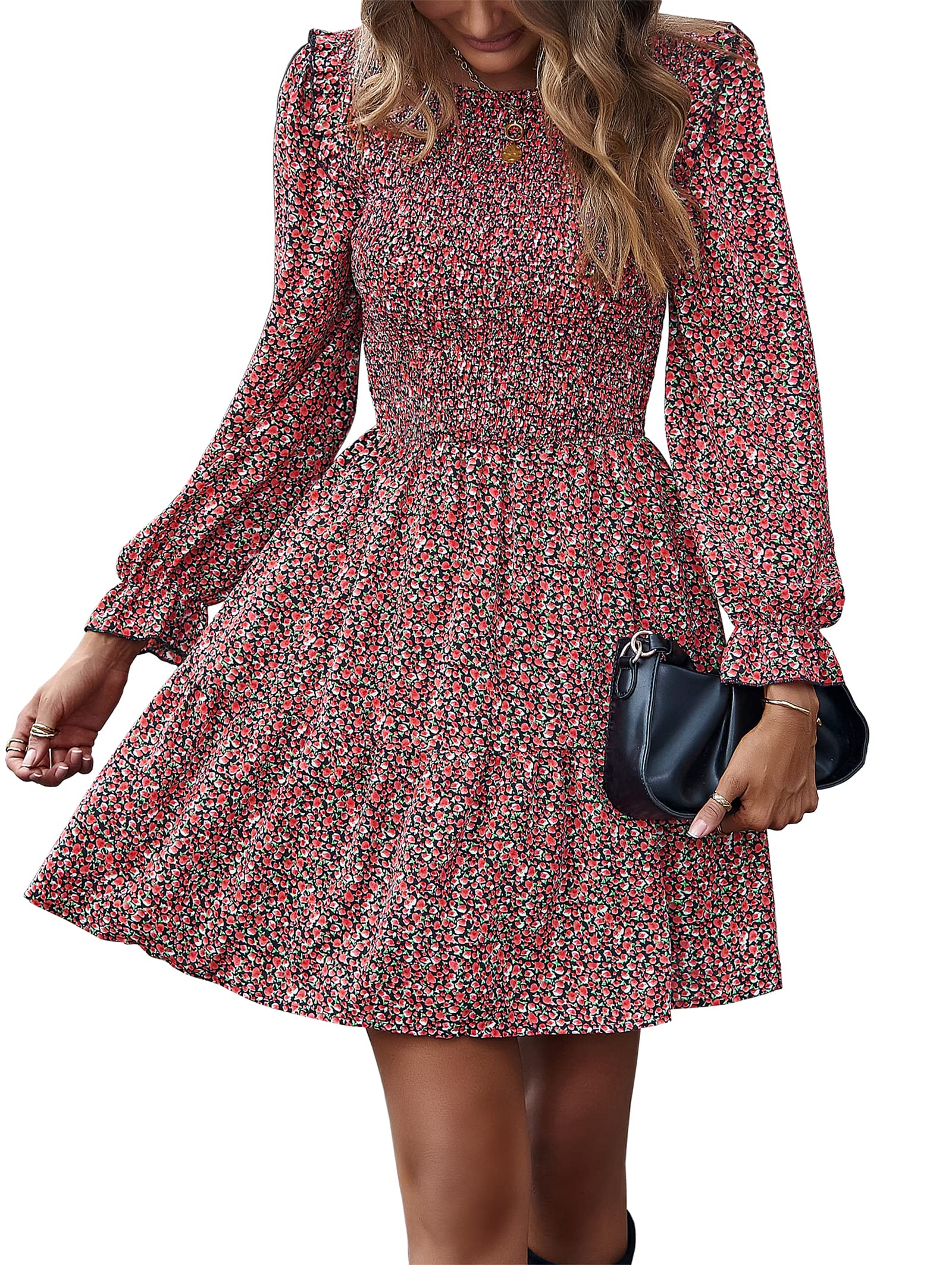KIRUNDO Women's Floral Smocked Long Sleeve Ruffle A-Line Mini Dress - Spring Summer Party Dress 2025 | Flowy Elegant Cocktail Attire for Weddings, Date Nights & Special Occasions