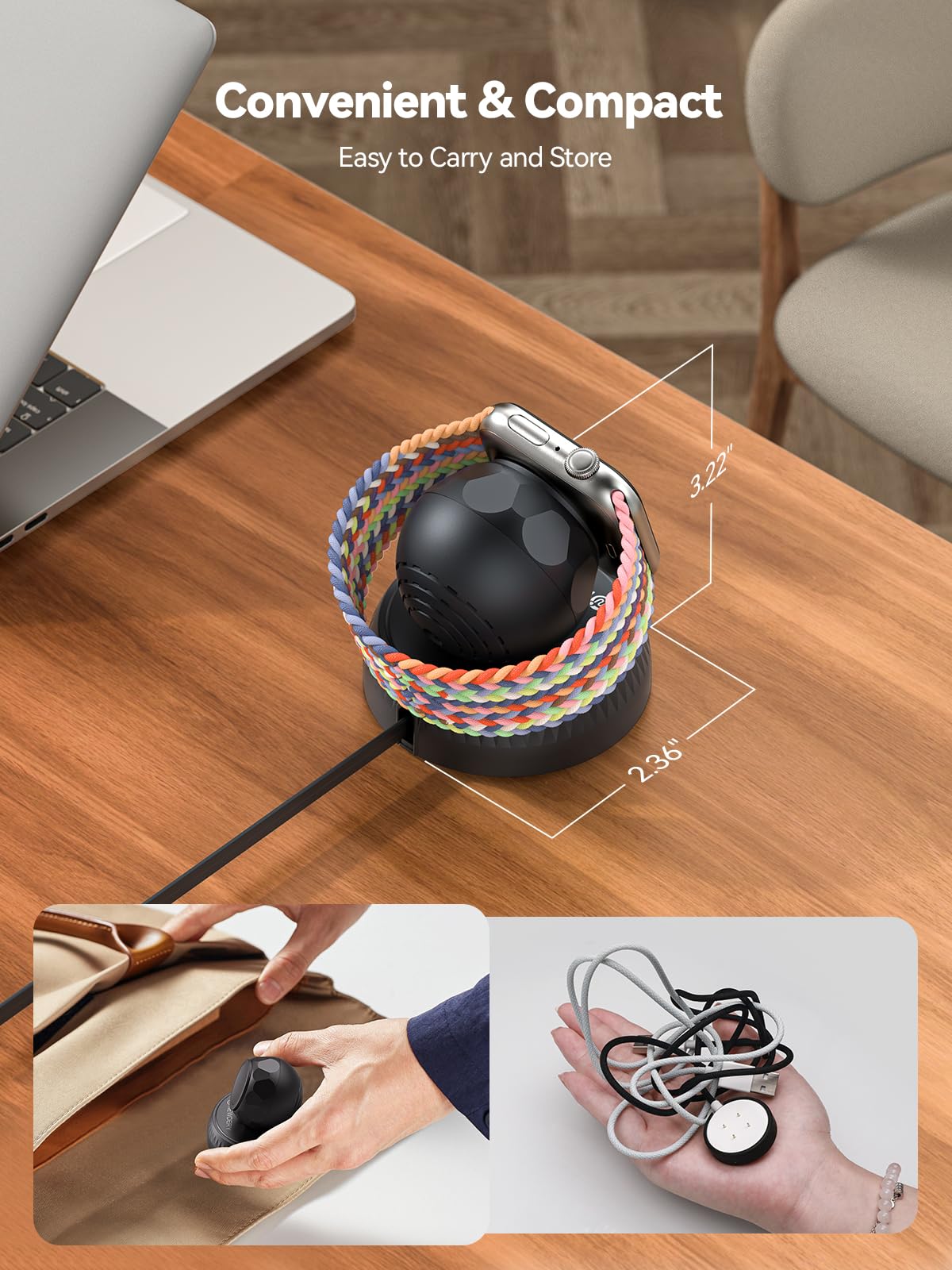 NEWDERY Retractable Apple Watch Charger Stand - Portable Fast Wireless Magnetic Charging Dock with USB-C Cable for iWatch Ultra/Series 10/SE/9/8/7/6/5/4/3/2/1 - Perfect for Travel, Office & Nightstand Charging (Black)