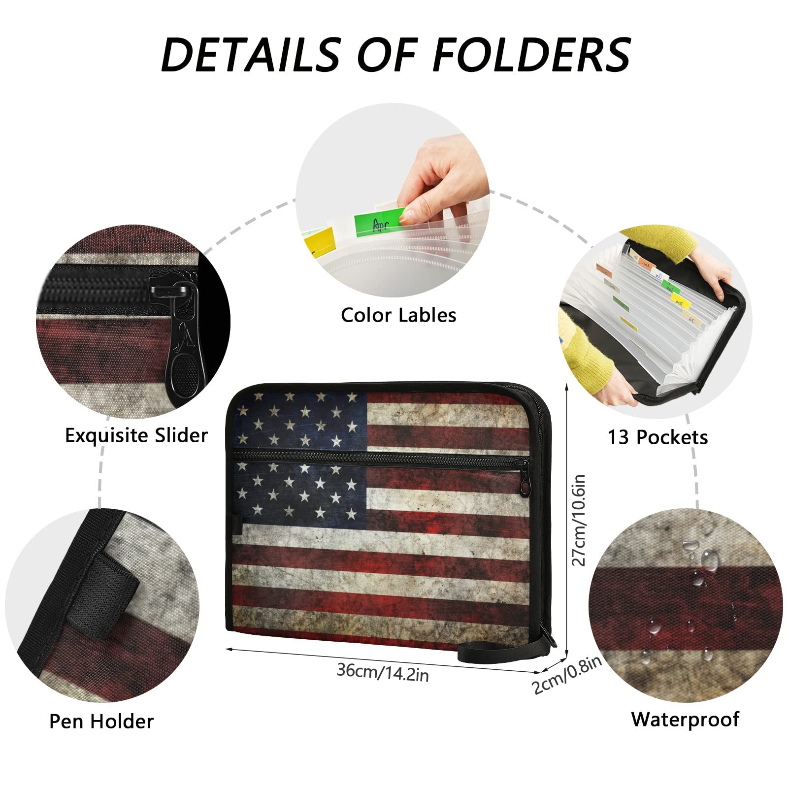 ZZKKO Grungy USA Flag 13-Pocket Expanding File Folder with Sticky Labels - Accordion Document Organizer for Letter & A4 Size Papers - Expandable File Keeper for Office, School, Home Organization & Tax Documents