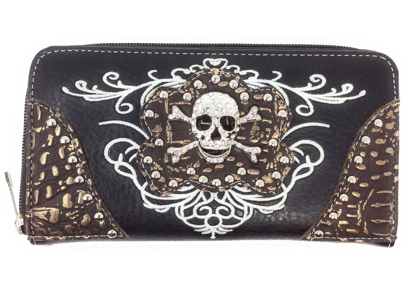 Texas West Rhinestone Embroidered Metal Skull Leather Women's Handbag with Matching Wallet - 6 Color Options for Evening Parties, Date Nights & Special Occasions