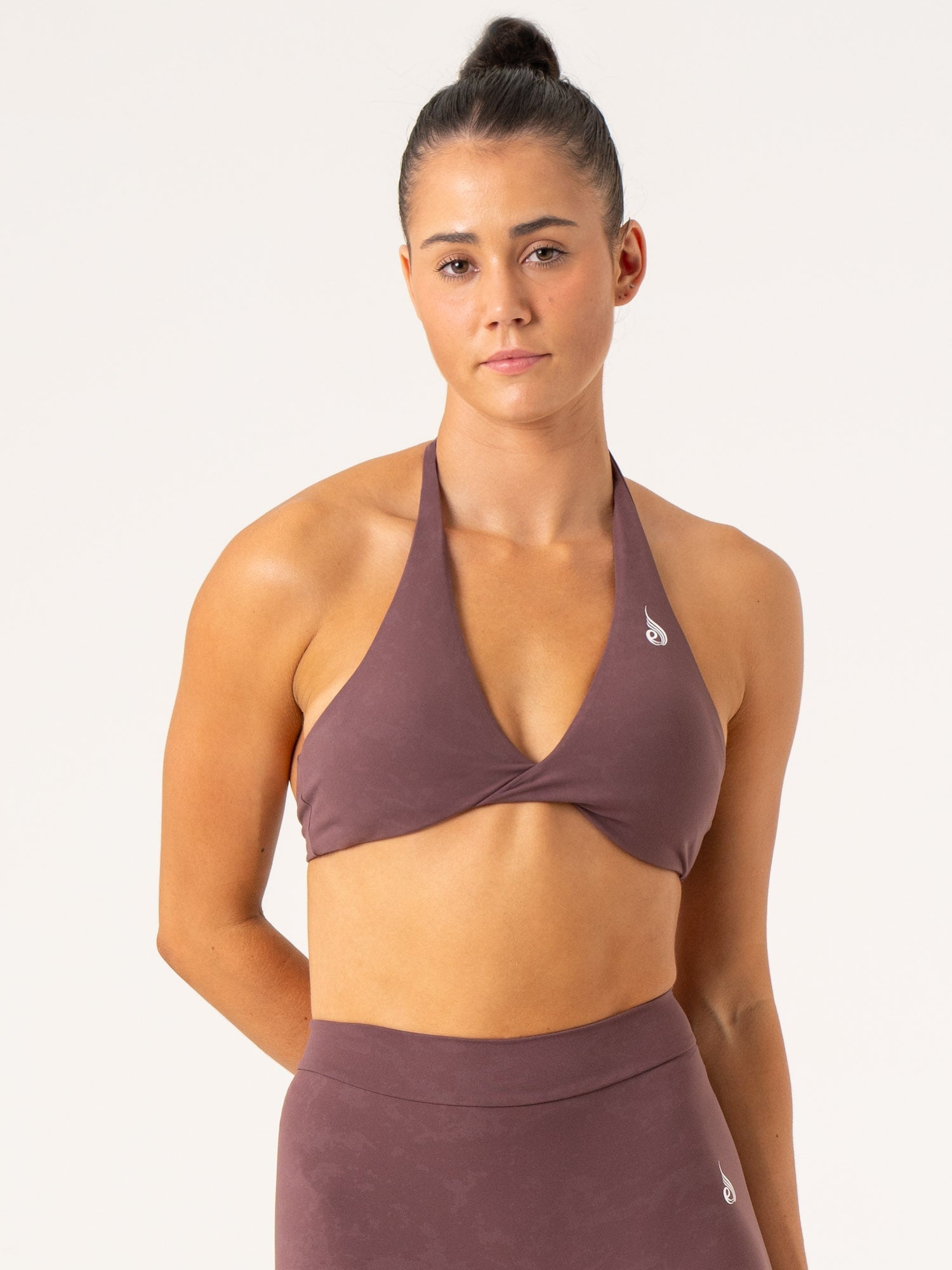 NKD Stonewash Halter Sports Bra - Chocolate Stonewash - High Support Workout Top for Yoga, Running & Gym