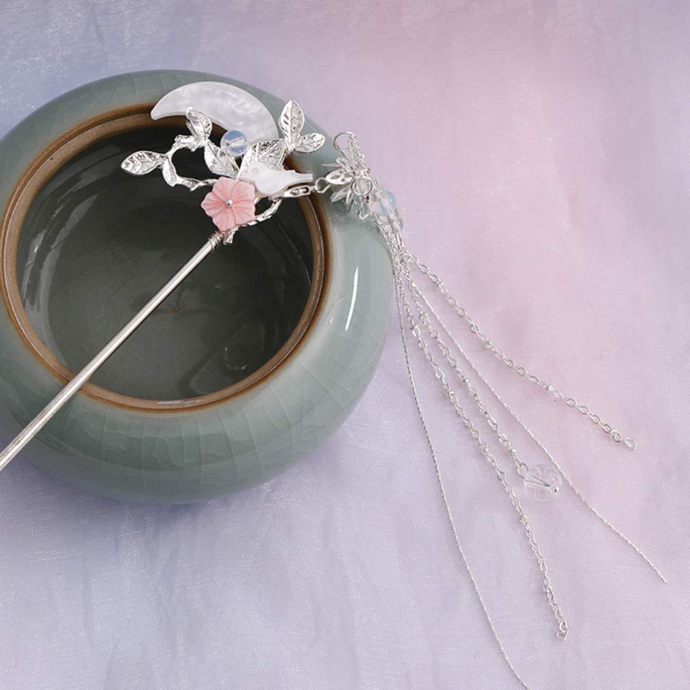 Moon Design Tassel Hair Stick - Chinese Hair Chopstick & Hair Fork for Women & Girls | Silver Hair Clip & Hairpin Accessories | Perfect for Weddings, Parties & Traditional Hairstyles