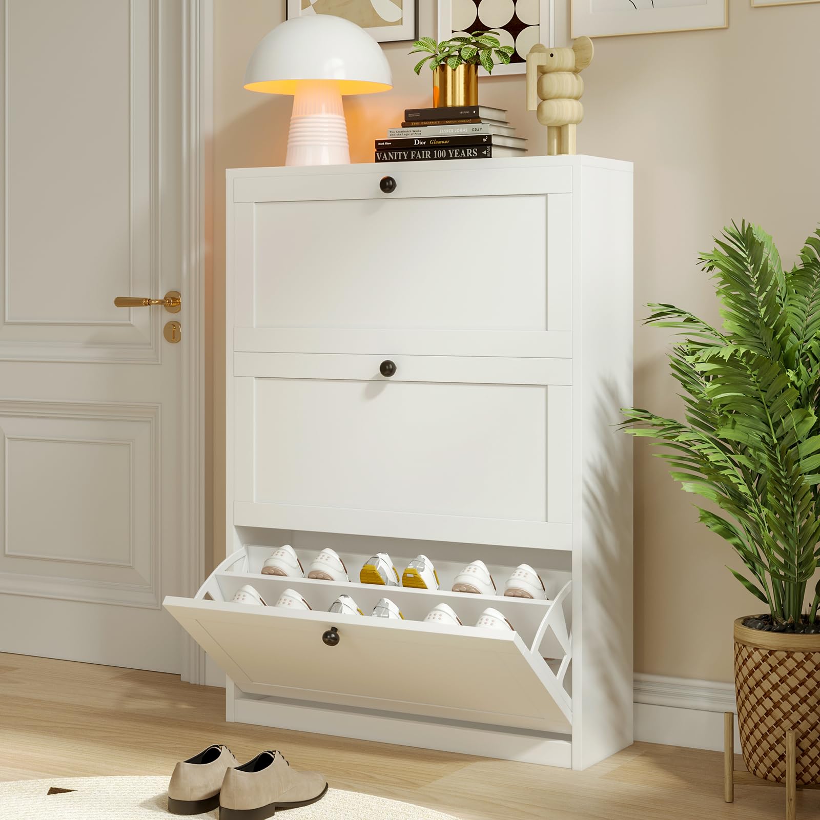 VOWNER 3-Tier Flip-Door Shoe Storage Cabinet with Adjustable Shelf & Anti-Tip Design - Freestanding Entryway Organizer for Hallway, Living Room, Bedroom (White) - Perfect for Small Spaces & Clutter-Free Home Organization
