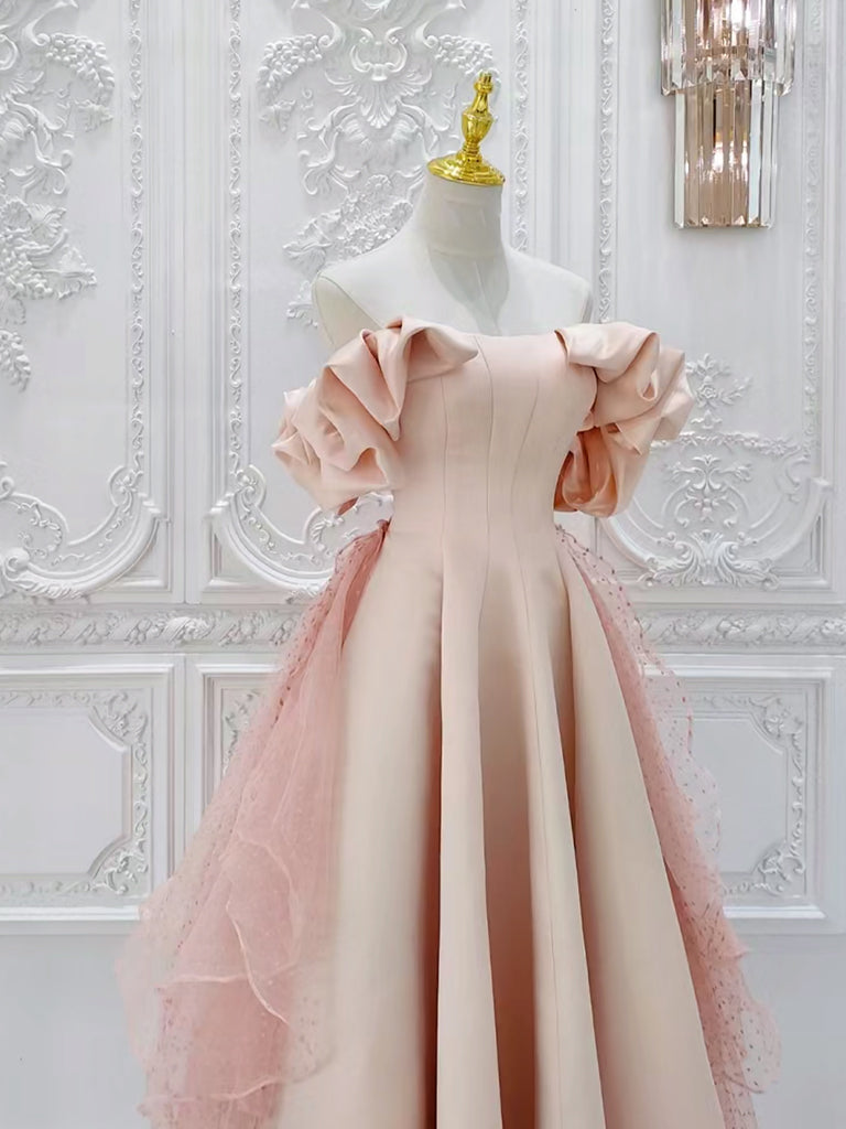 Elegant Off Shoulder A-Line Pink Tulle Prom Dress for Women - Long Formal Gown for Homecoming, Ball, and Evening Parties