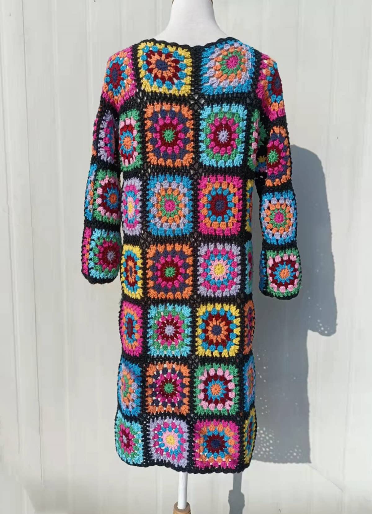 Lightweight Granny Square Crochet Cardigan for Women - Open Front Long Sweater with Tie Detail, Plus Size Boho Chic Coat - Perfect for Casual Outings, Beach Cover-Ups & Cozy Fall Layering