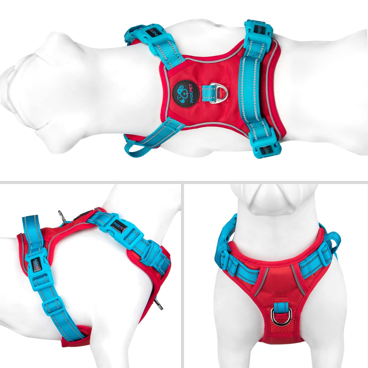 PHOEPET No Pull Dog Harness - Reflective Adjustable Dog Vest with Soft Training Handle & Metal Clips for Small Medium Large Dogs - Red Base & Teal Straps (XL) - Perfect for Walking, Running, and Outdoor Adventures