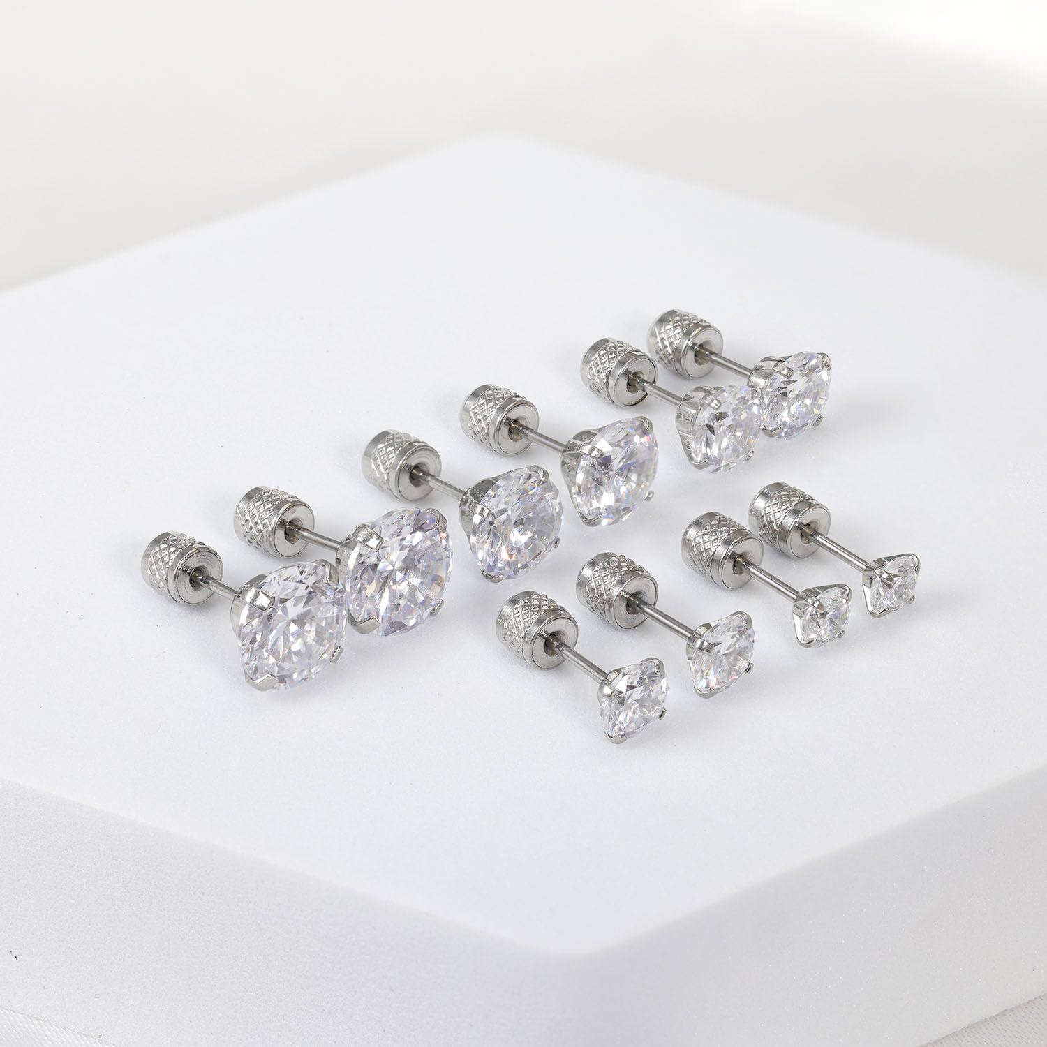 Hypoallergenic Surgical Stainless Steel Cubic Zirconia Stud Earrings - 5-6 Pairs Flat Back Push-in Earrings Set for Women & Men (2-8mm) | Trendy Cartilage & Lobe Piercing Jewelry for Daily Wear, Parties & Gifts