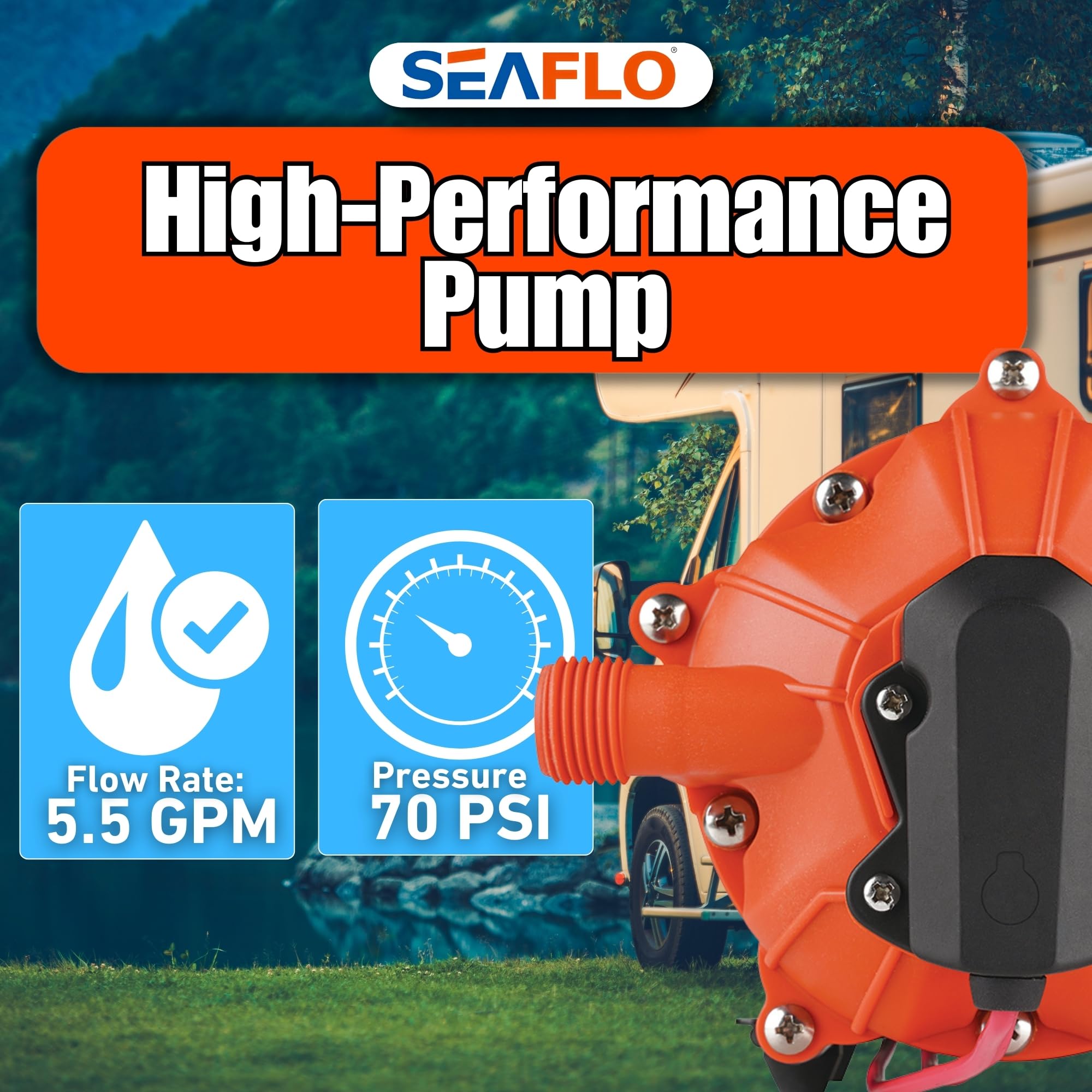 SEAFLO 55-Series 12V DC Washdown Pump Kit - 5.5 GPM, 60 PSI, Self-Priming Marine Water Pump with Adjustable Pressure Switch & Coiled Hose - High Flow Pressure Washer for RV, Boat, Off-Grid, and Outdoor Cleaning Applications