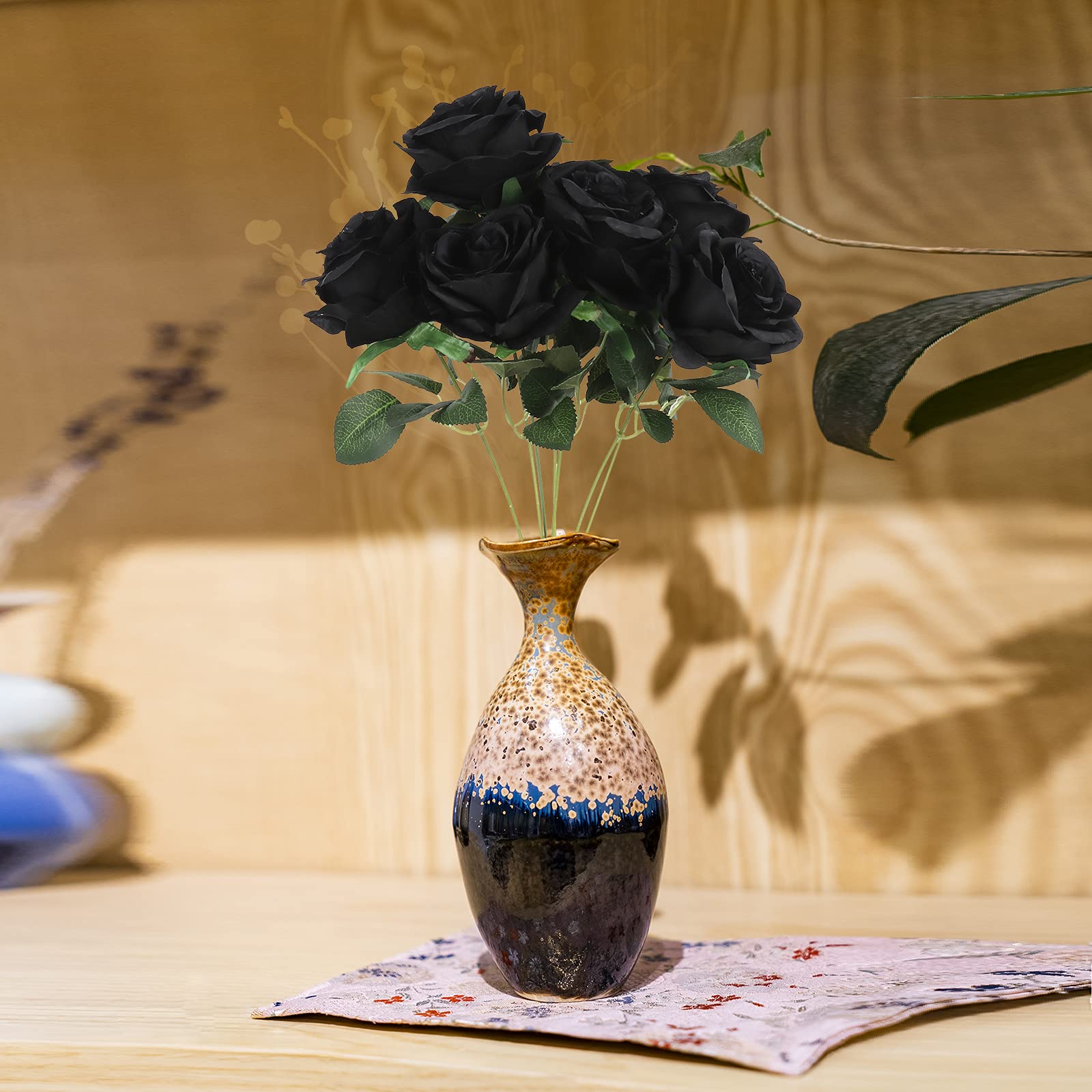 Firlar Artificial Black Rose Flower Stems - 7 Rose Heads with Leaves for Floral Arrangements, Bridal Bouquets, Wedding Decor, Home, Garden, Party, Hotel & Office Decorations - Perfect for Centerpieces, DIY Crafts, and Seasonal Displays