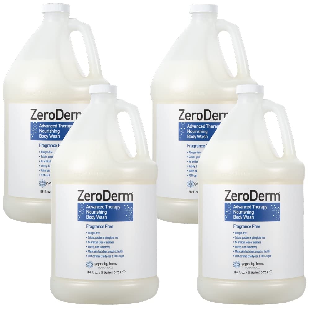 Ginger Lily Farms ZeroDerm Advanced Therapy Nourishing Body Wash - 100% Vegan, Cruelty-Free & Fragrance Free - 1 Gallon Refill (Pack of 4) for Sensitive Skin & Eczema Relief - Ideal for Daily Use, Spas & Healthcare Facilities