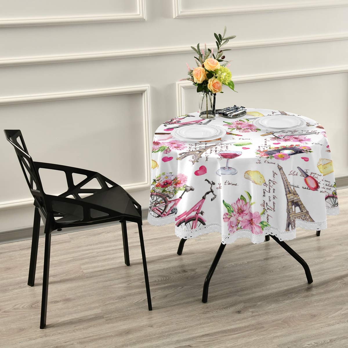 AUUXVA Paris Eiffel Tower Floral Round Tablecloth - 60 Inch Polyester Table Cover for Dining, Kitchen, Wedding, Restaurant & Outdoor Events | Elegant Decor for Parties, Buffets and Picnics