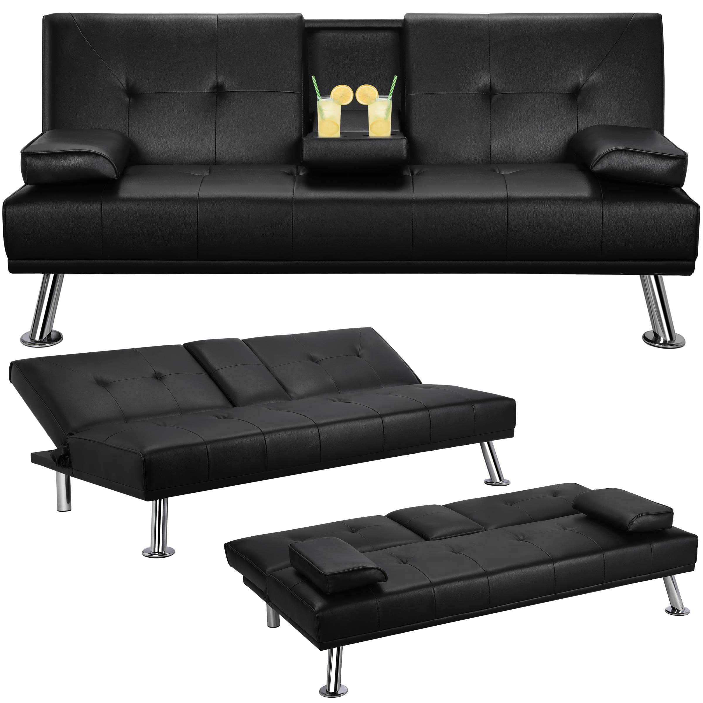 Yaheetech Convertible Sofa Bed - Adjustable Folding Couch Sleeper with Removable Armrests & Cup Holders, 3 Reclining Angles, 772lb Weight Capacity - Modern Faux Leather Loveseat for Living Room, Guest Room & Small Spaces (Black) - Perfect for Apartments, Dorms & Home Offices