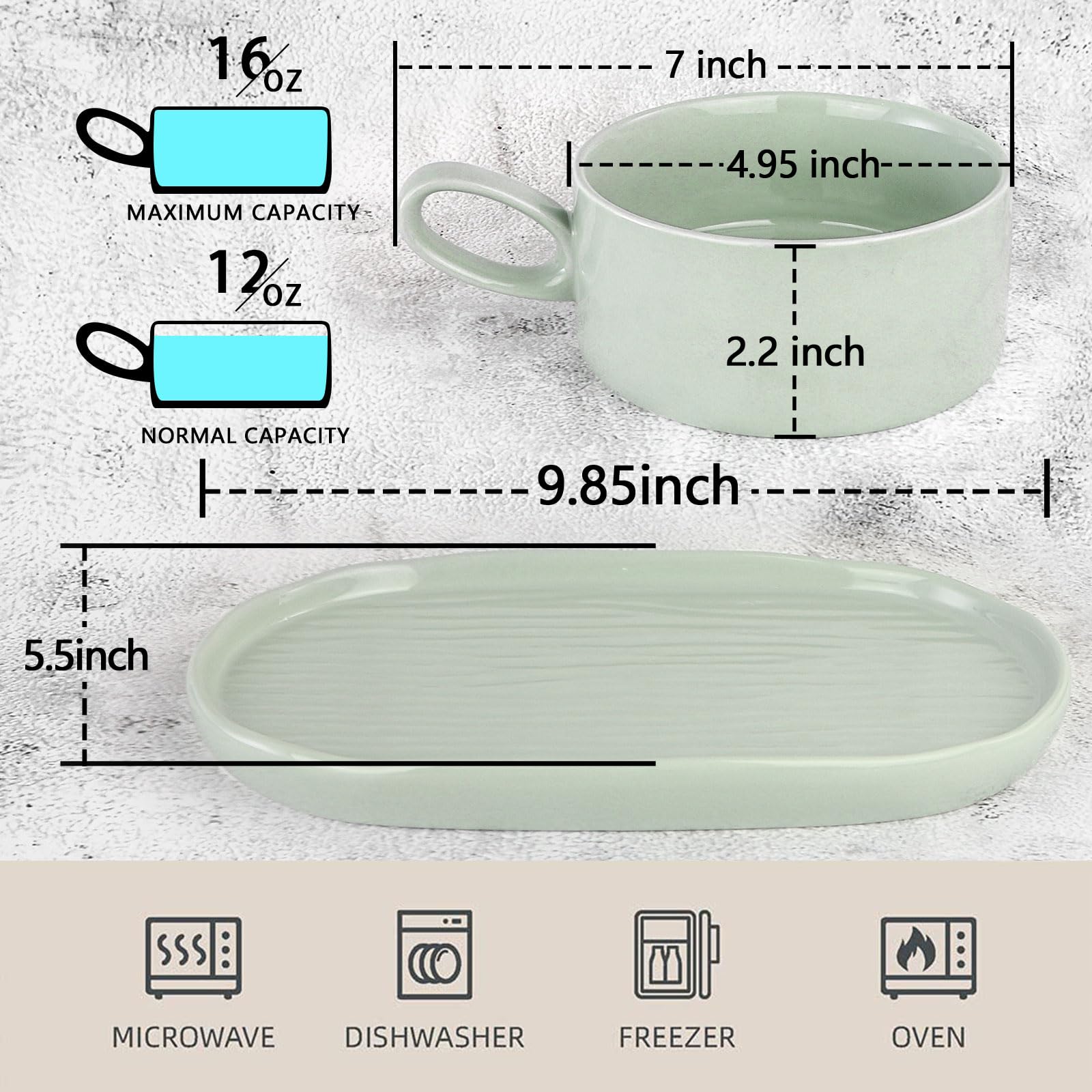 Artena 16 oz Ceramic Soup and Sandwich Plate Set - 9.85-inch Glazed Bowls with Handles, Side Plates & Bread Dipping Dishes for Breakfast, Lunch, Dinner - Mint Green Kitchen Dining Tableware for Home & Restaurant Use