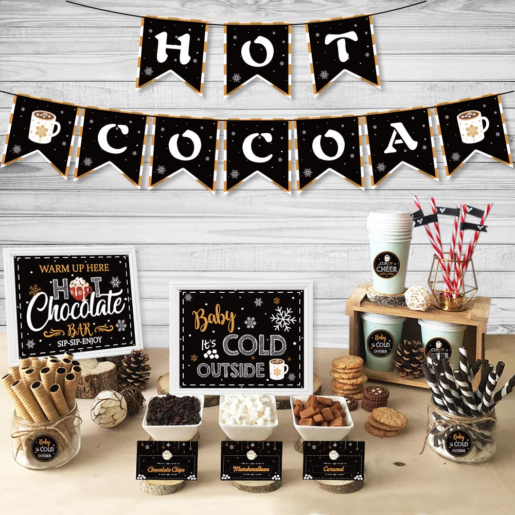 Premium Hot Chocolate Bar Kit with Customizable Banner, Labels & Cup Tags - Winter Holiday Christmas Party Decorations for Cozy Gatherings & New Year Celebrations | Perfect for Home, Office & Seasonal Events