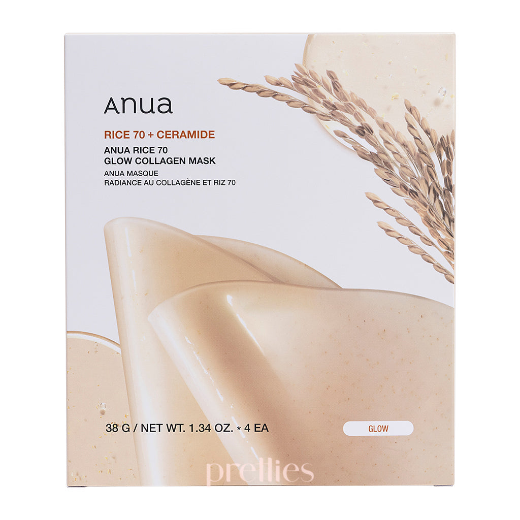 ANUA Rice 70 Glow Collagen Face Mask - 4pcs/Box - Hydrating & Brightening Sheet Mask for Glowing Skin - Perfect for Daily Skincare & Spa Night