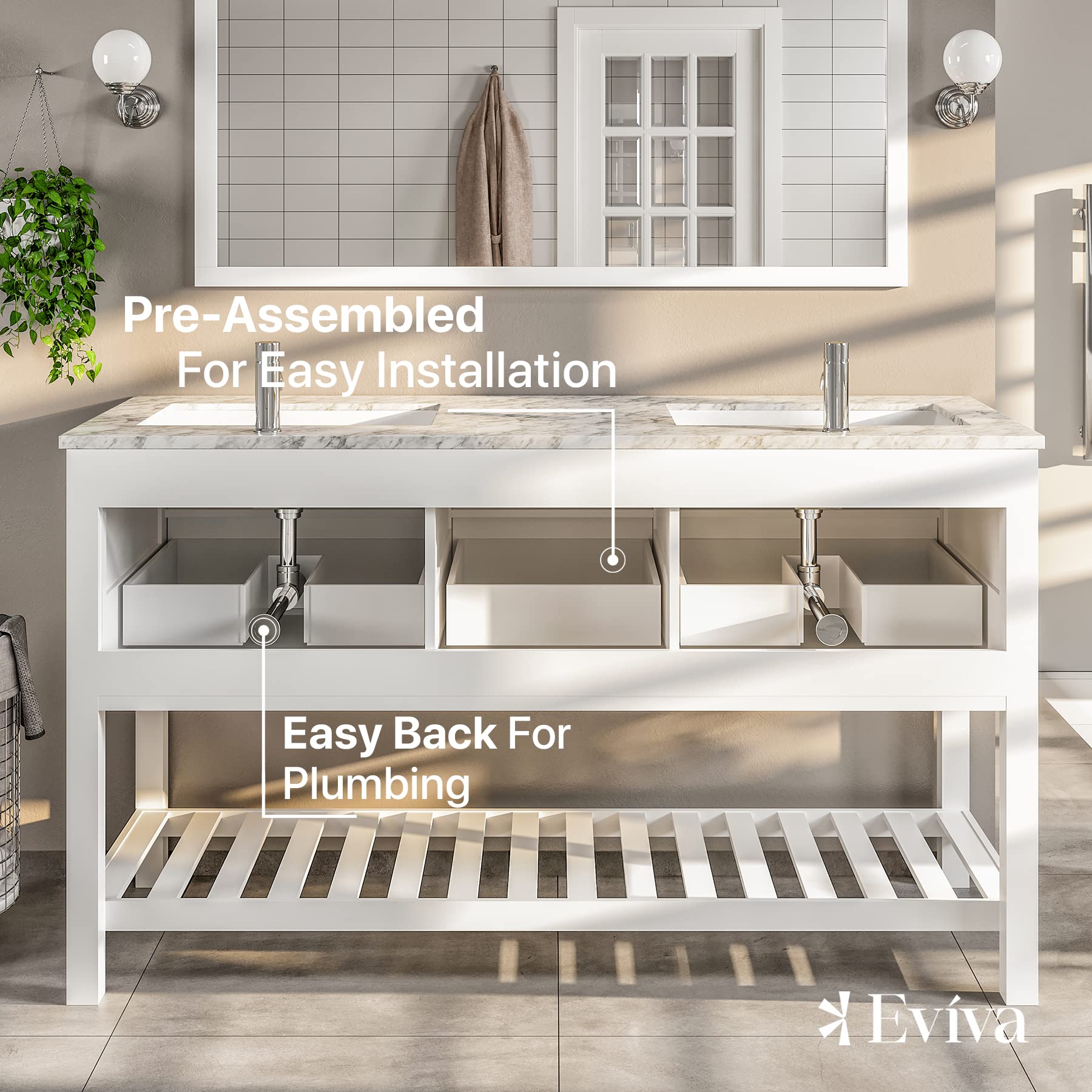 Eviva 60 Inch Modern Bathroom Vanity Set with Porcelain Sink & Marble Top - Double Sink Vanity Cabinet with Sturdy Legs - Perfect for Master Bathroom, Guest Bath or Powder Room Renovation