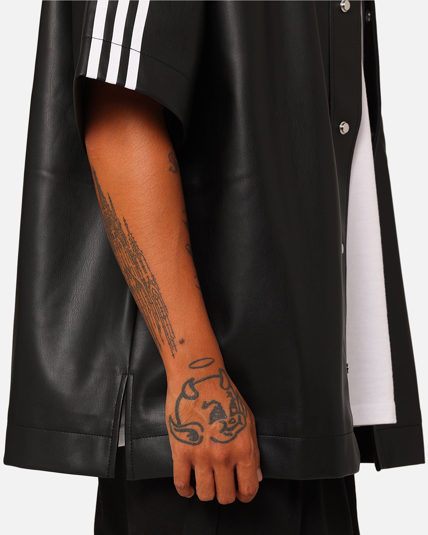 Adidas Faux Leather Adicolor 3 Stripes Baseball T-Shirt for Men - Black Casual Shirt for Streetwear, Sports & Everyday Outfits