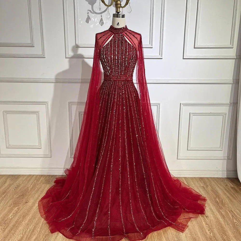Elegant Arabic Turquoise A-Line Cape Sleeve Beaded Evening Gown for Women - Luxury Dubai Wedding Party Dress LA72306A | Perfect for Formal Events, Galas & Special Occasions
