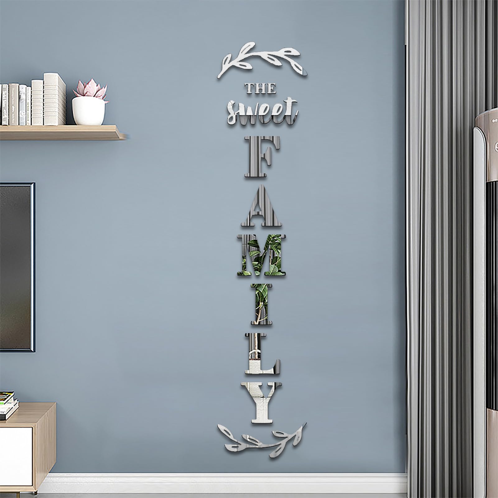 Family Letter Wall Decor - Peel & Stick Mirror Stickers for Living Room & Bedroom (Silver, 68x18 in) - Home Wall Art