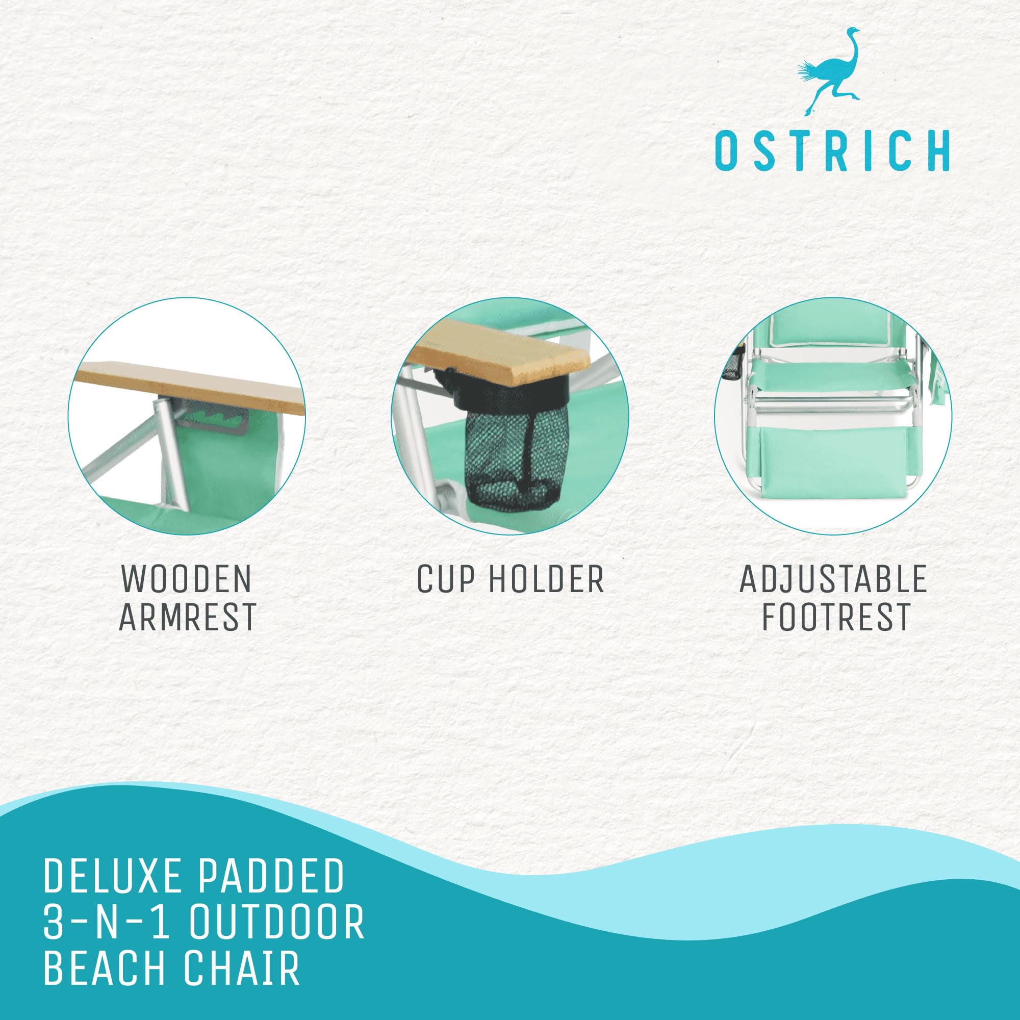 Premium Ostrich Deluxe Reclining Lounge Chair - 3-in-1 Adjustable Folding Outdoor Beach Lounger with Cup Holder, Teal Blue - Perfect for Poolside, Backyard, Patio & Beach Relaxation