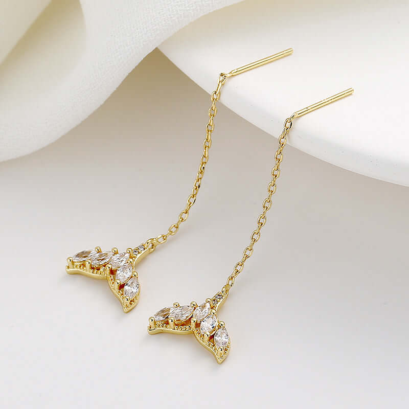 Tiny Mermaid Tail Diamond Threader Earrings - Delicate Silver Dainty Earrings for Women | Perfect for Beach Parties, Mermaid Themed Events & Everyday Wear | A8449