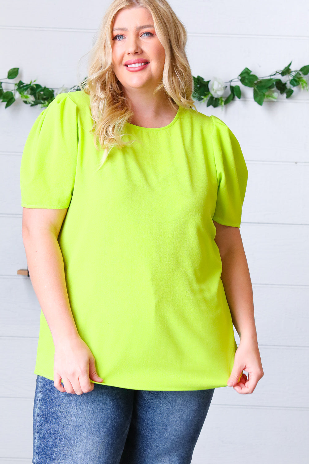 Stylish Neon Green Round Neck Puff Sleeve Crepe Blouse for Women | Trendy Casual & Party Wear | Perfect for Date Nights, Office Outfits & Summer Fashion