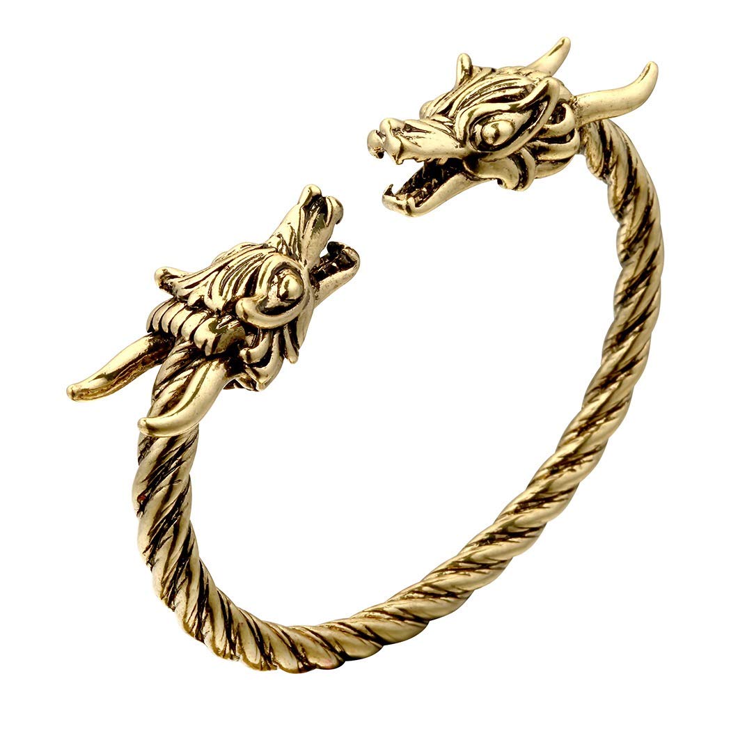 AILUOR Norse Viking Dragon Cuff Bracelet for Men - Adjustable Gold & Silver Pagan Jewelry, Cool Twisted Arm Rings for Medieval, LARP & Fantasy Costume Accessories