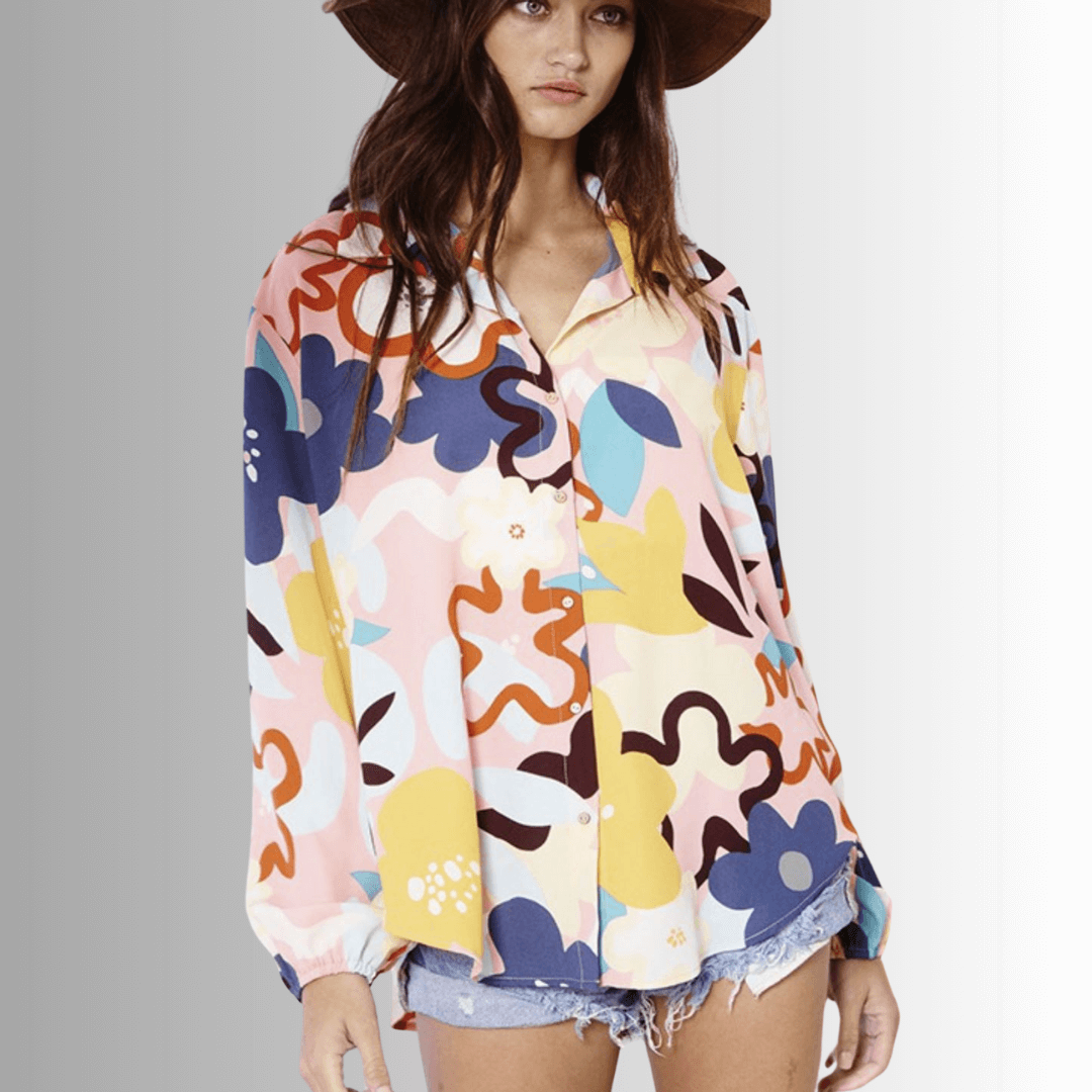 Stylish Colorful Floral Button Down Blouse - Women's Fashion Made in USA - Perfect for Office Wear & Spring Outfits