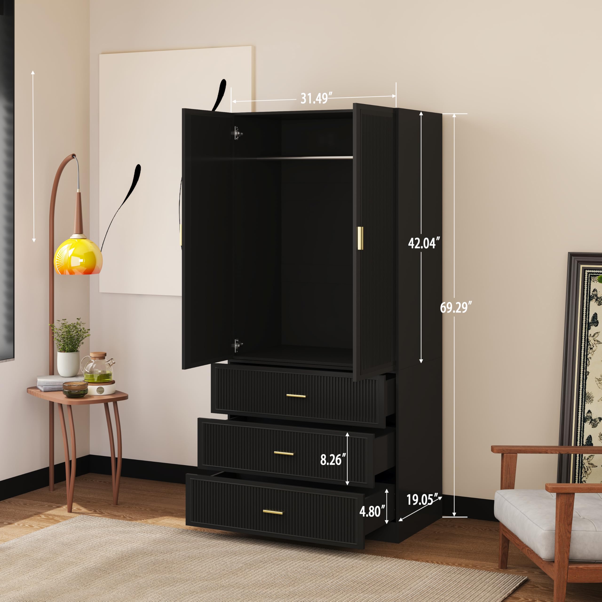 2 Door Armoire Wardrobe Closet with Drawers - Black Large Capacity Storage Closet with Hanging Rod & 3 Drawers for Bedroom Organization | Perfect for Bedrooms, Guest Rooms & Dorm Storage