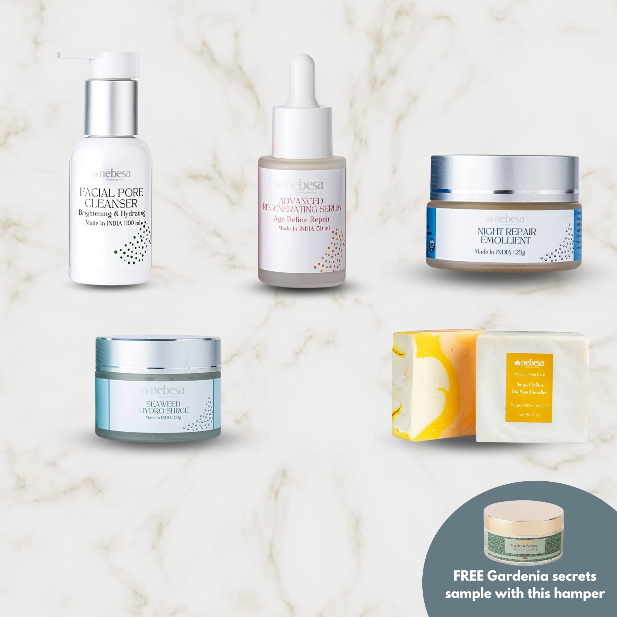 Nebesa Organics Skincare Set - Pore Cleansing Face Wash, Regenerating Serum, Night Cream, Hydro Surge Cream & Nargis Spice Soap Bar | Anti-Aging Body Yogurt Gift Set for Healthy Glowing Skin | Perfect for Daily Skincare Routine & Spa-Like Self-Care at Home