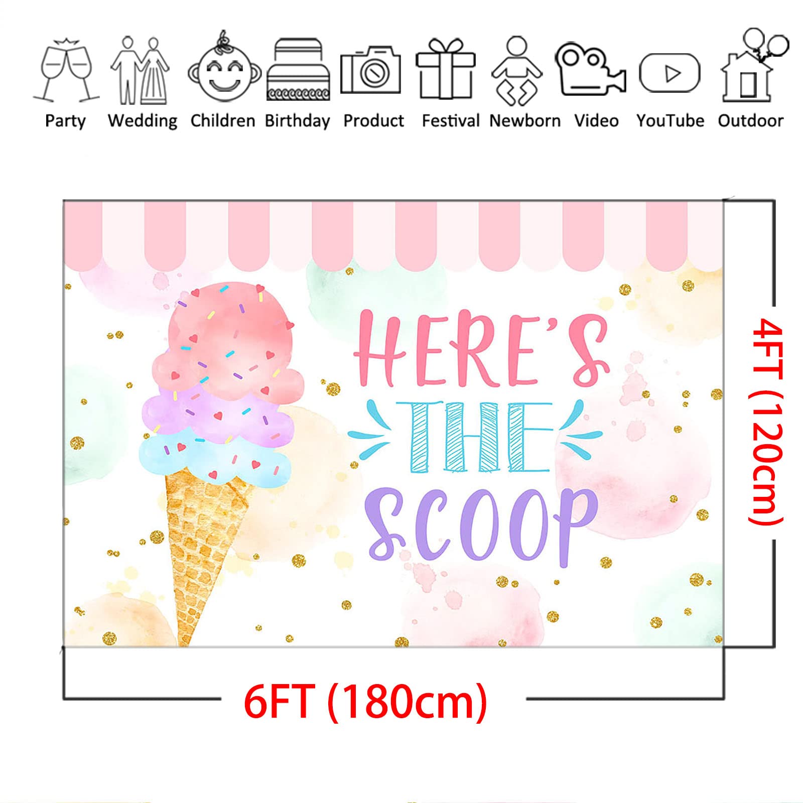 Premium Mocsicka Ice Cream Backdrop - 'Here's The Scoop' Summer Sweet Happy Birthday Party Decorations for Girls, Ice Cream Cake Table Banner, Photography Background (6x4ft) - Perfect for Birthday Parties, Baby Showers, and Dessert-Themed Events
