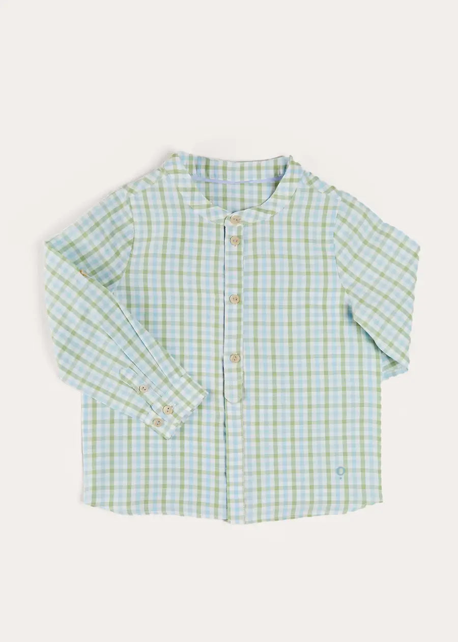 Maxwell Gingham Checkered Long Sleeve Button-Down Shirt with Mao Collar - Green Plaid Casual Top for Boys (3-10 Years) | School, Party & Family Outing Wear