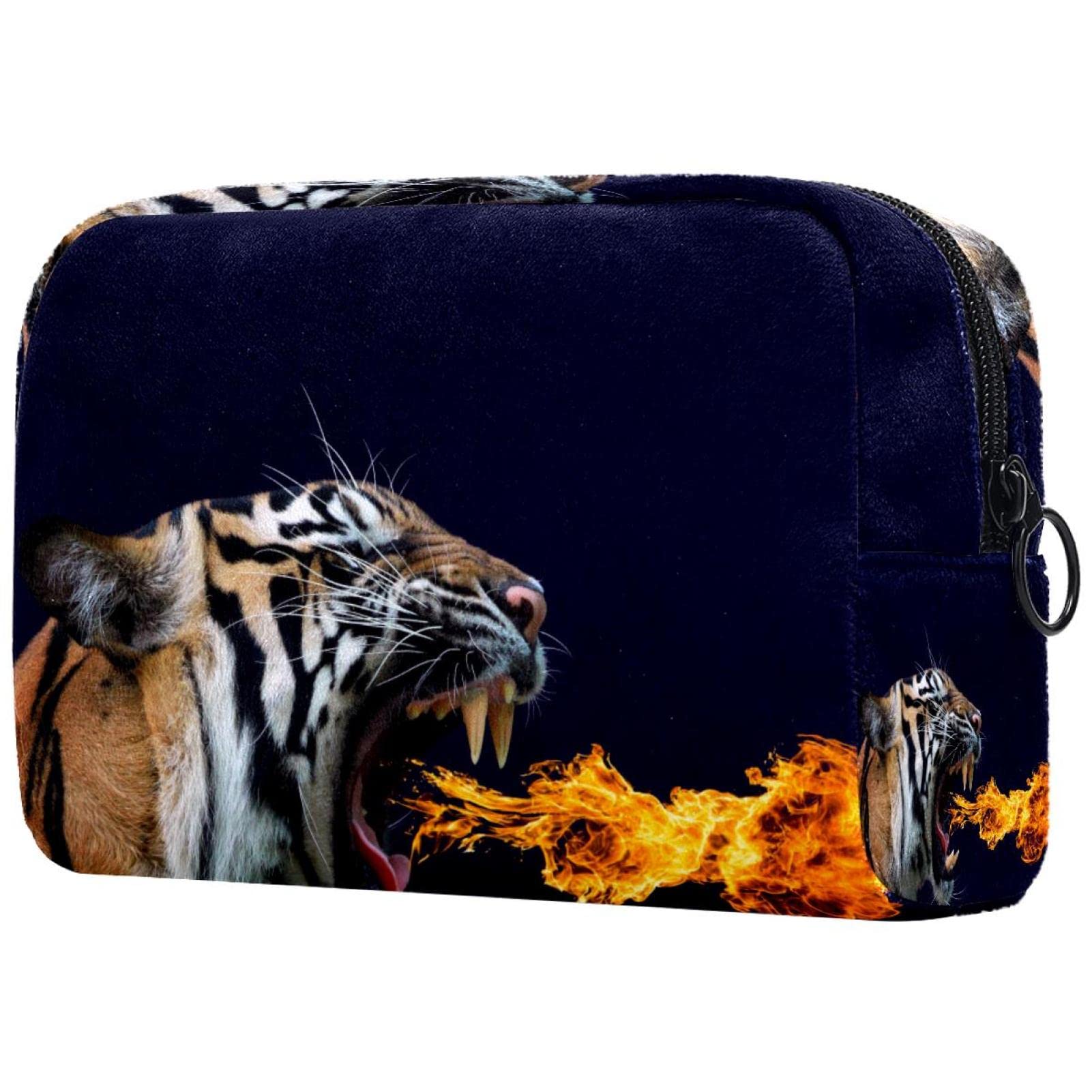 Small Makeup Bag for Women - Travel Cosmetic Organizer with Angry Tiger Fire Print | Perfect for Daily Essentials & On-the-Go Beauty Storage (Purse, Gym, Vacation)